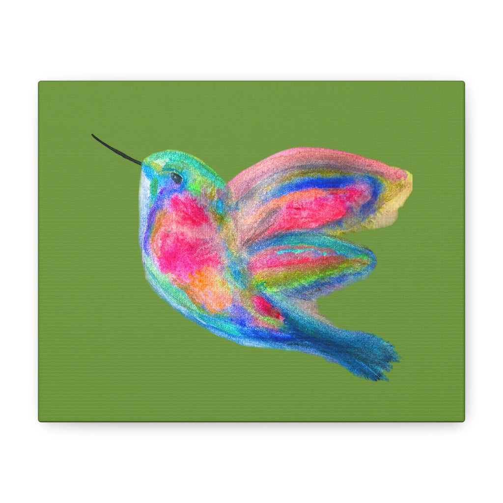 Canvas Wall Art — Colorful Hummingbird Painting on Green Matte Stretched Canvas