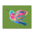 Canvas Wall Art — Colorful Hummingbird Painting on Green Matte Stretched Canvas