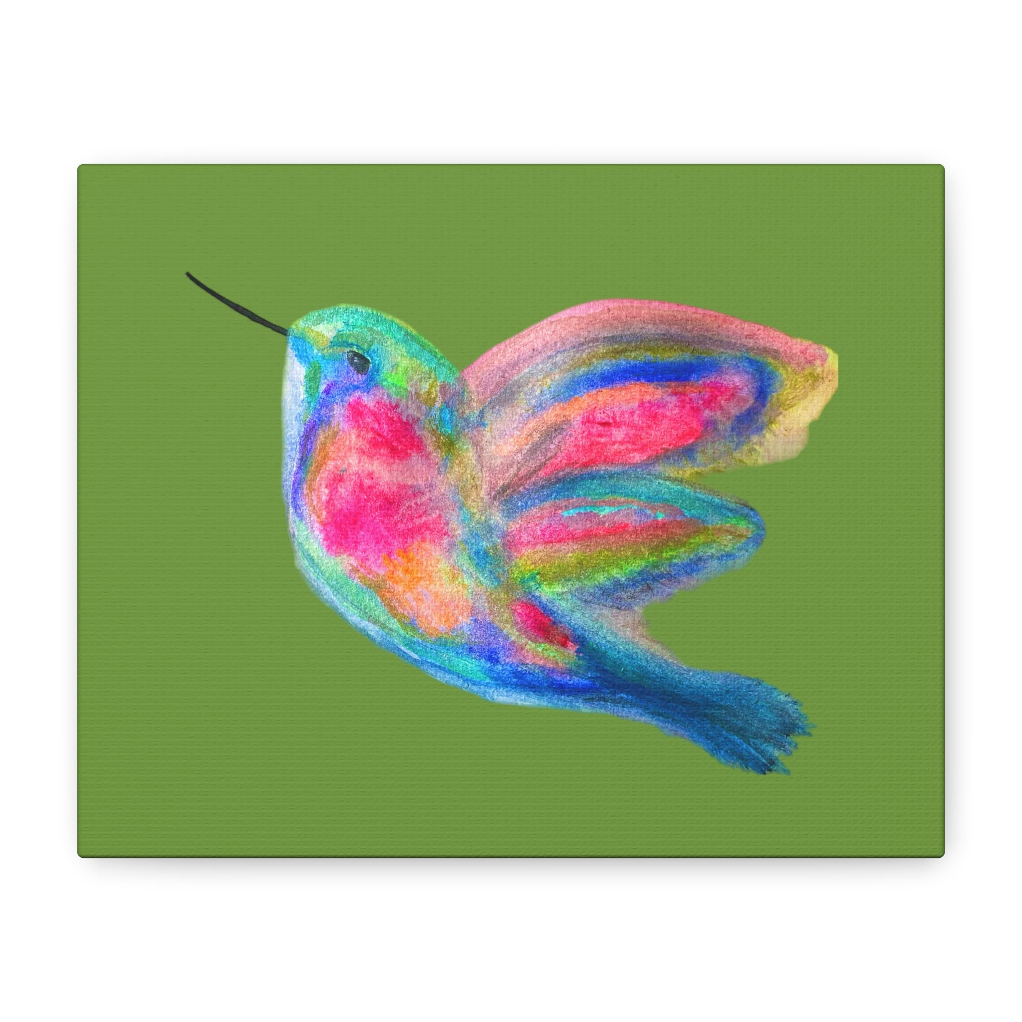 Canvas Wall Art — Colorful Hummingbird Painting on Green Matte Stretched Canvas