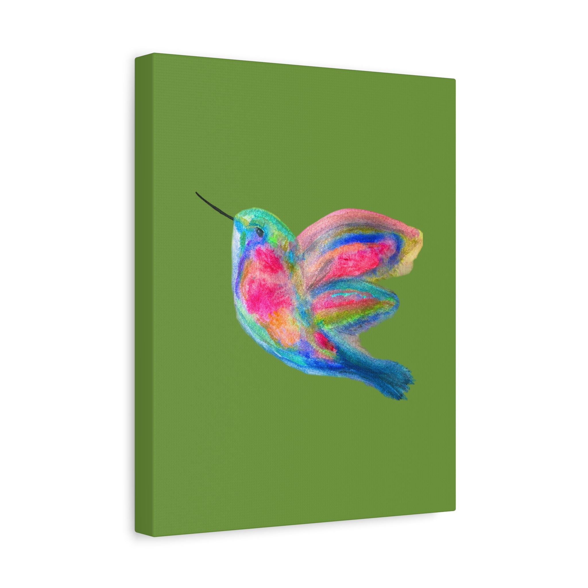 Canvas Wall Art — Colorful Hummingbird Painting on Green Matte Stretched Canvas