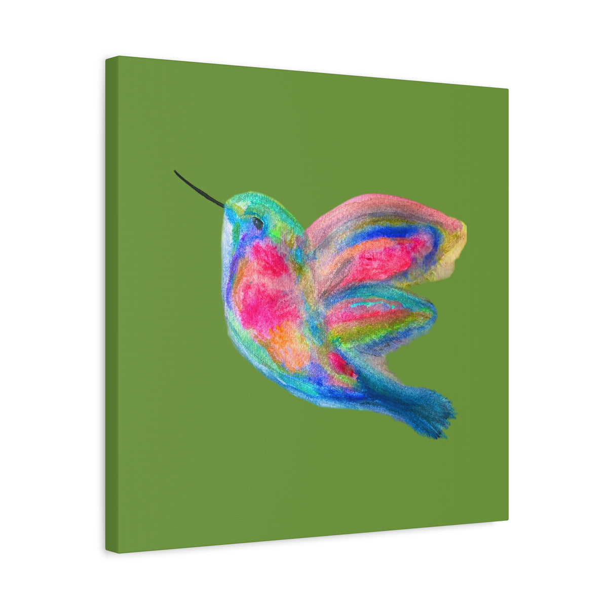Canvas Wall Art — Colorful Hummingbird Painting on Green Matte Stretched Canvas