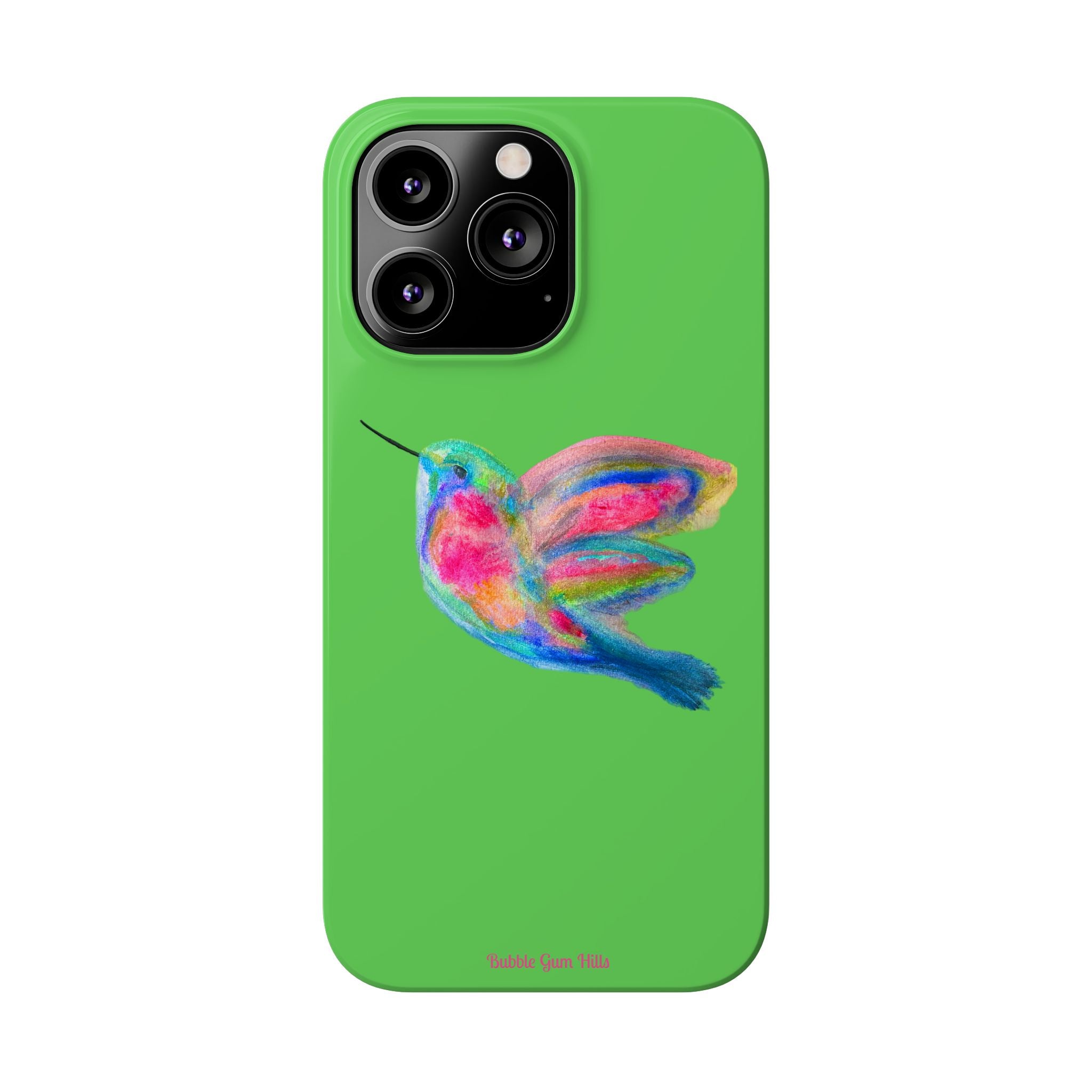 Colorful Hummingbird Slim Phone Case — Bright Green Watercolor Design