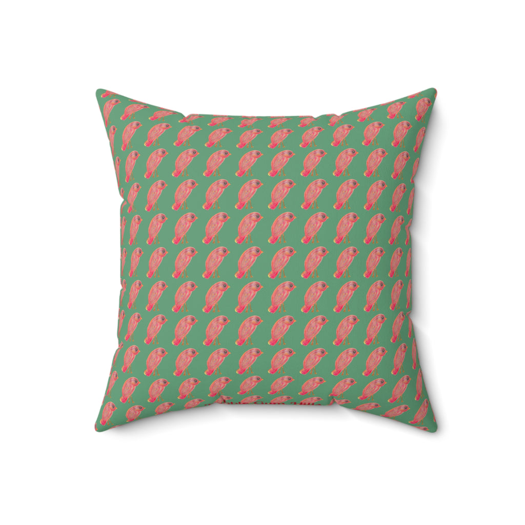 Red, Orange & Pink Birds Pattern with Wild Outdoor Green Background Square Decorative Throw Pillow Perfect for Bird Lovers