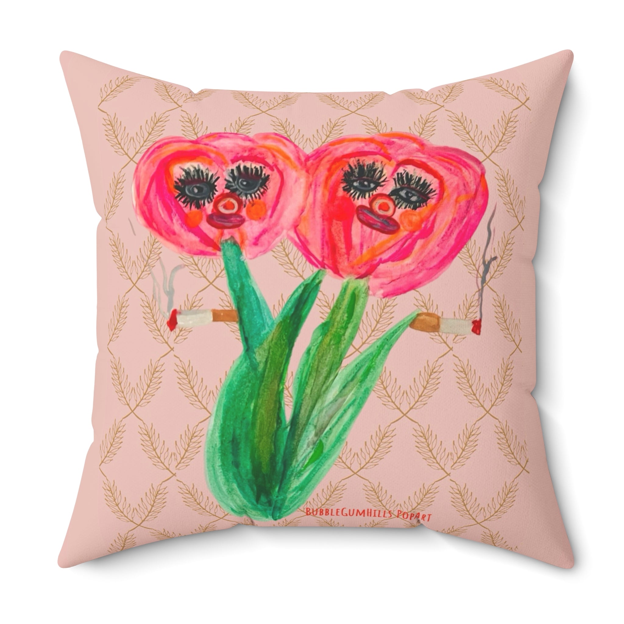 The Naughty Secret Garden Club —  Pink Tulips Watercolor Gone Bad — Floral Decorative Accent Pillow