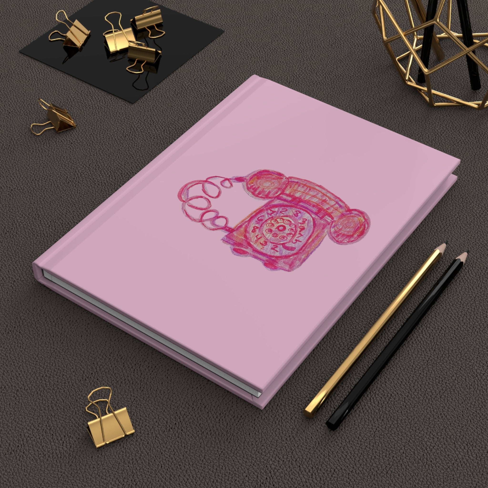 "Ciao!" Pink Retro Rotary Telephone on Light Pink Matte 150 Page Lined Hardcover Flat Journal Diary