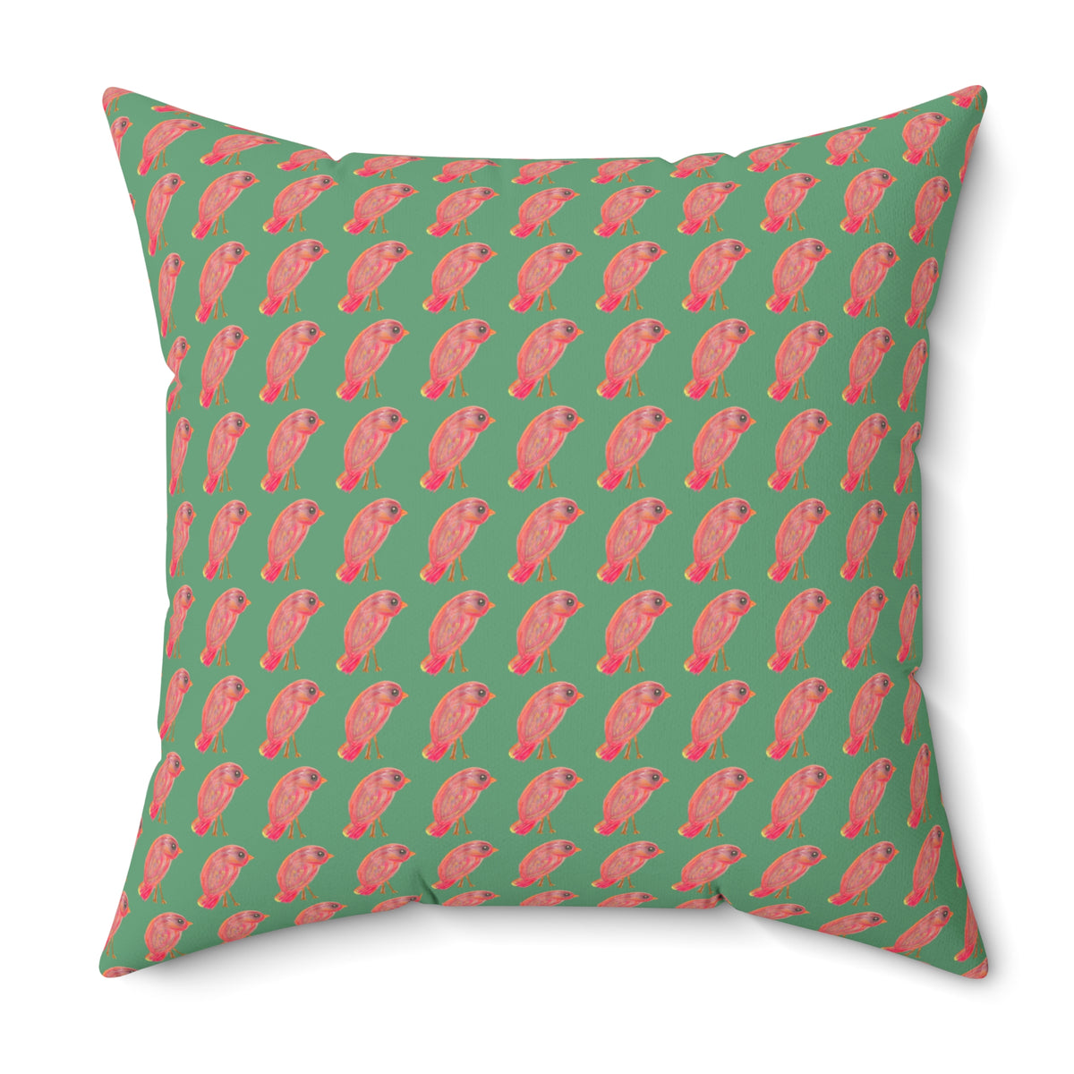 Red, Orange & Pink Birds Pattern with Wild Outdoor Green Background Square Decorative Throw Pillow Perfect for Bird Lovers
