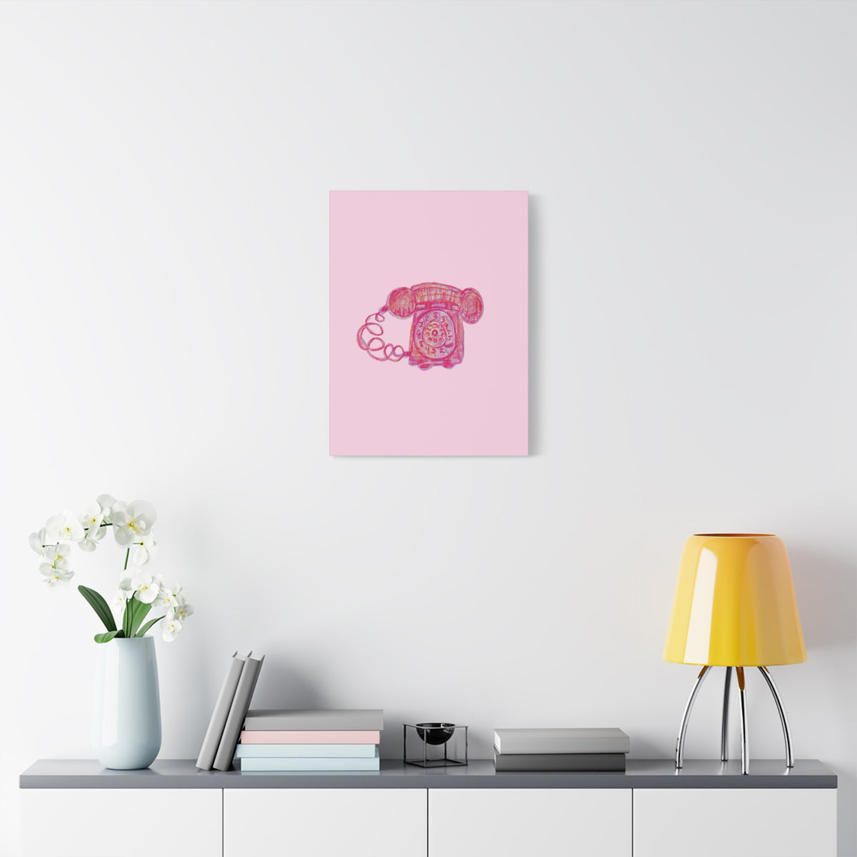 Vintage Pink Rotary Telephone Matte Wall Art Canvas