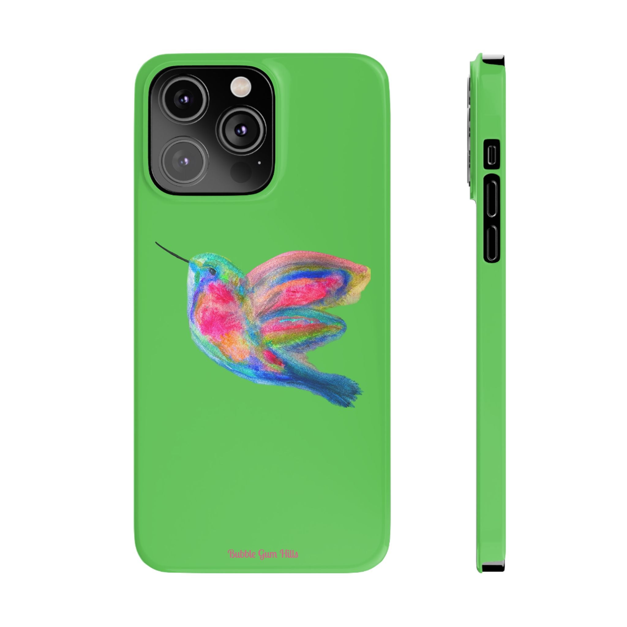 Colorful Hummingbird Slim Phone Case — Bright Green Watercolor Design