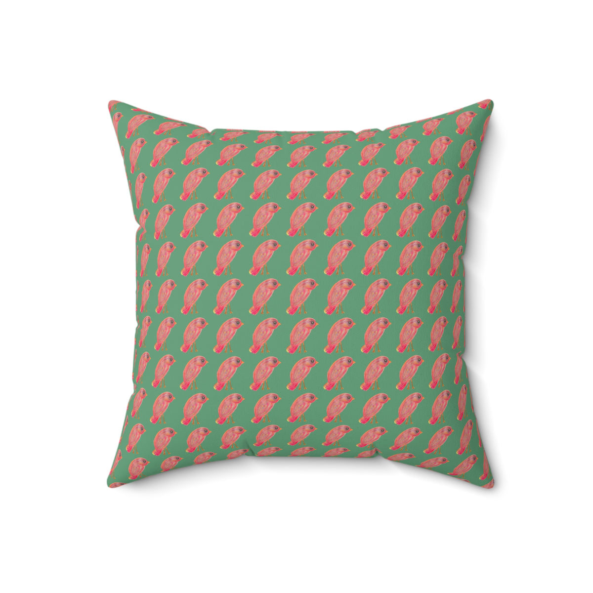 Red, Orange & Pink Birds Pattern with Wild Outdoor Green Background Square Decorative Throw Pillow Perfect for Bird Lovers