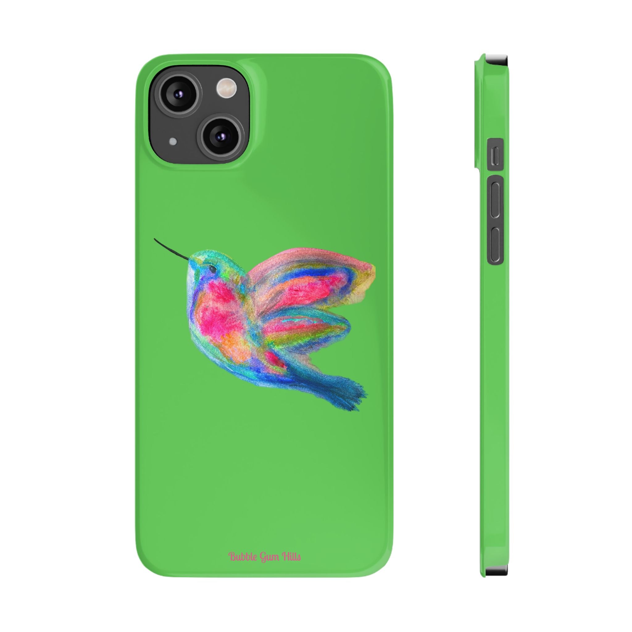 Colorful Hummingbird Slim Phone Case — Bright Green Watercolor Design