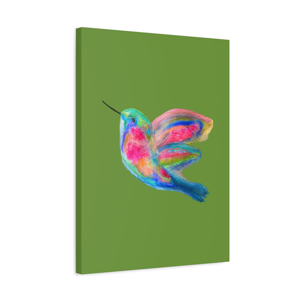 Canvas Wall Art — Colorful Hummingbird Painting on Green Matte Stretched Canvas