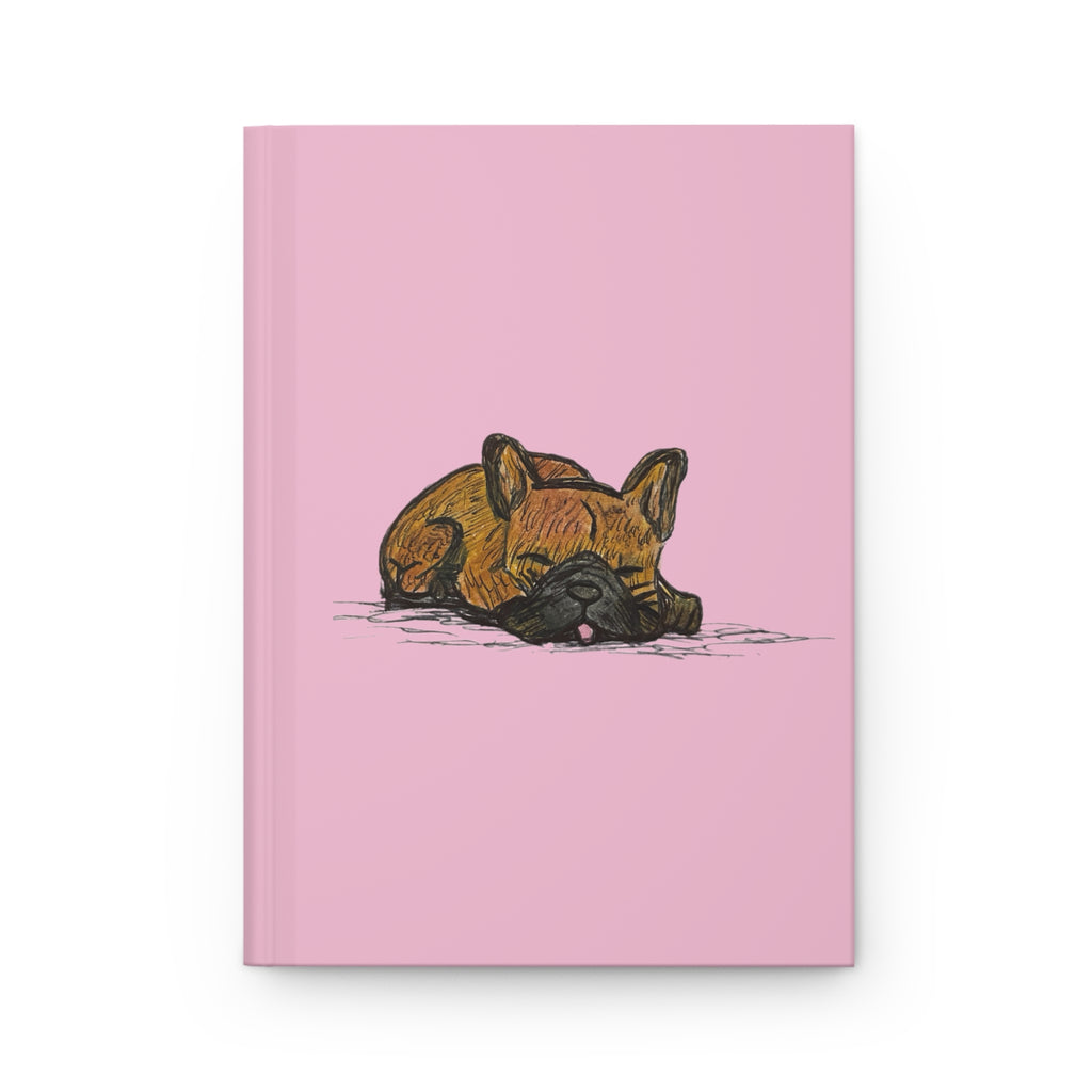 Chocolate French Bulldog Sleeping Journal - Chocolate Blue Gray Back - Light Pink Matte Hardcover 150 Page Lined Flat Notebook