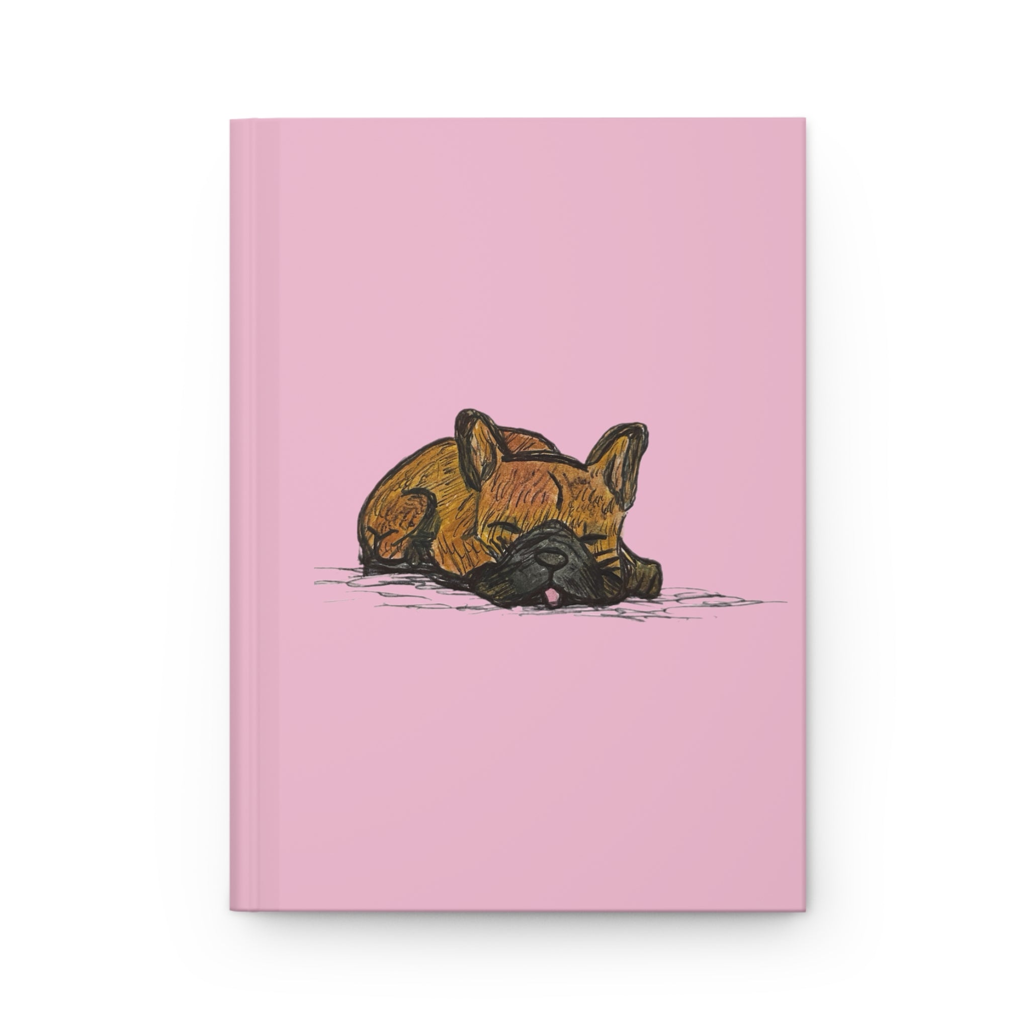 Chocolate French Bulldog Sleeping Journal - Chocolate Blue Gray Back - Light Pink Matte Hardcover 150 Page Lined Flat Notebook