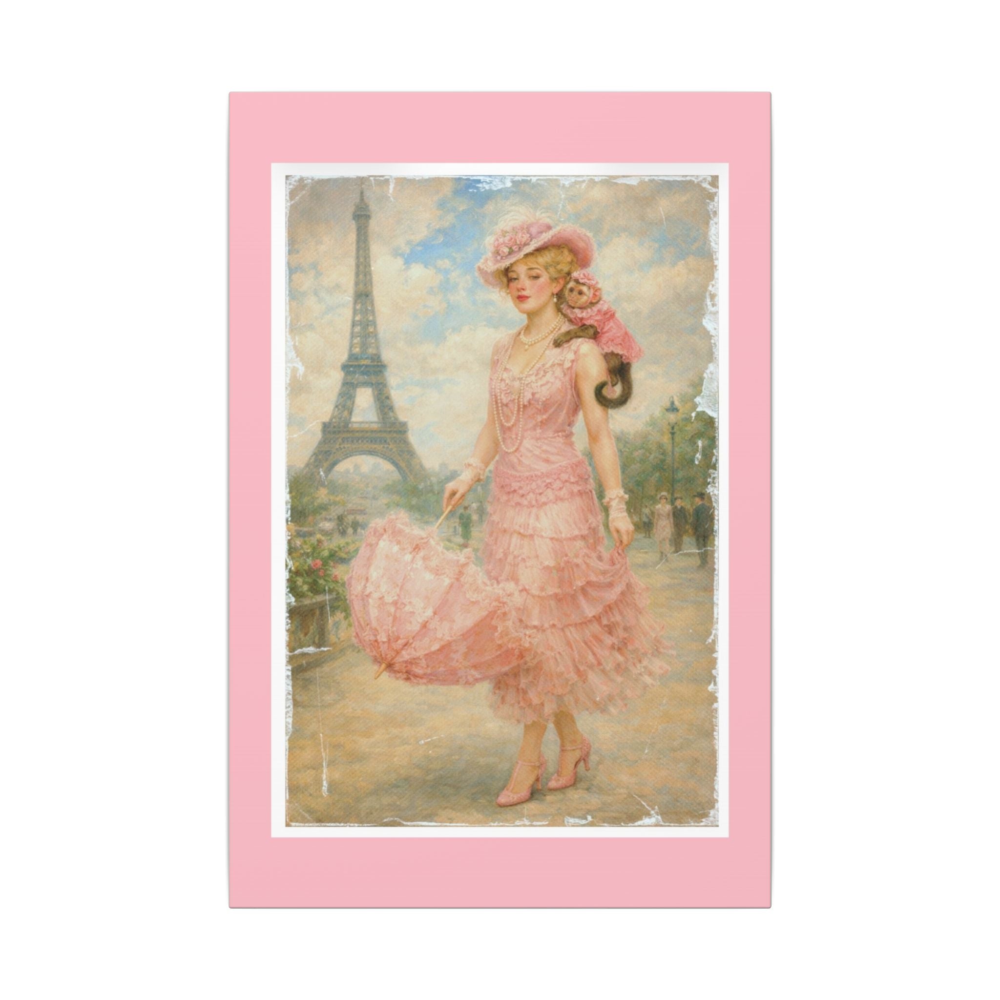 Vintage Parisian Lady & Monkey Canvas Wall Art — Pink Eiffel Poster