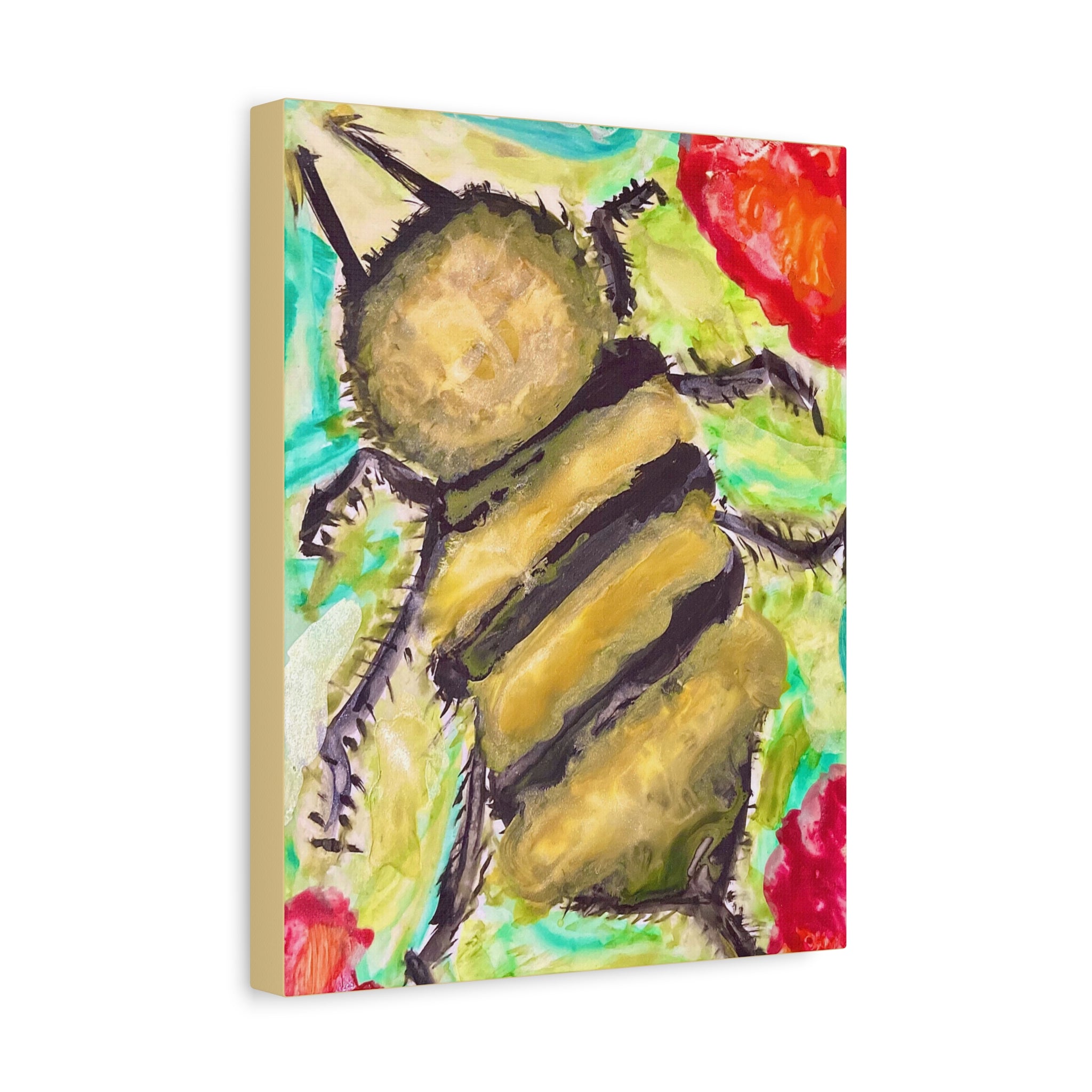 Bee Artwork Canvas Print — Colorful Honeybee Wall Art, Floral Garden Decor