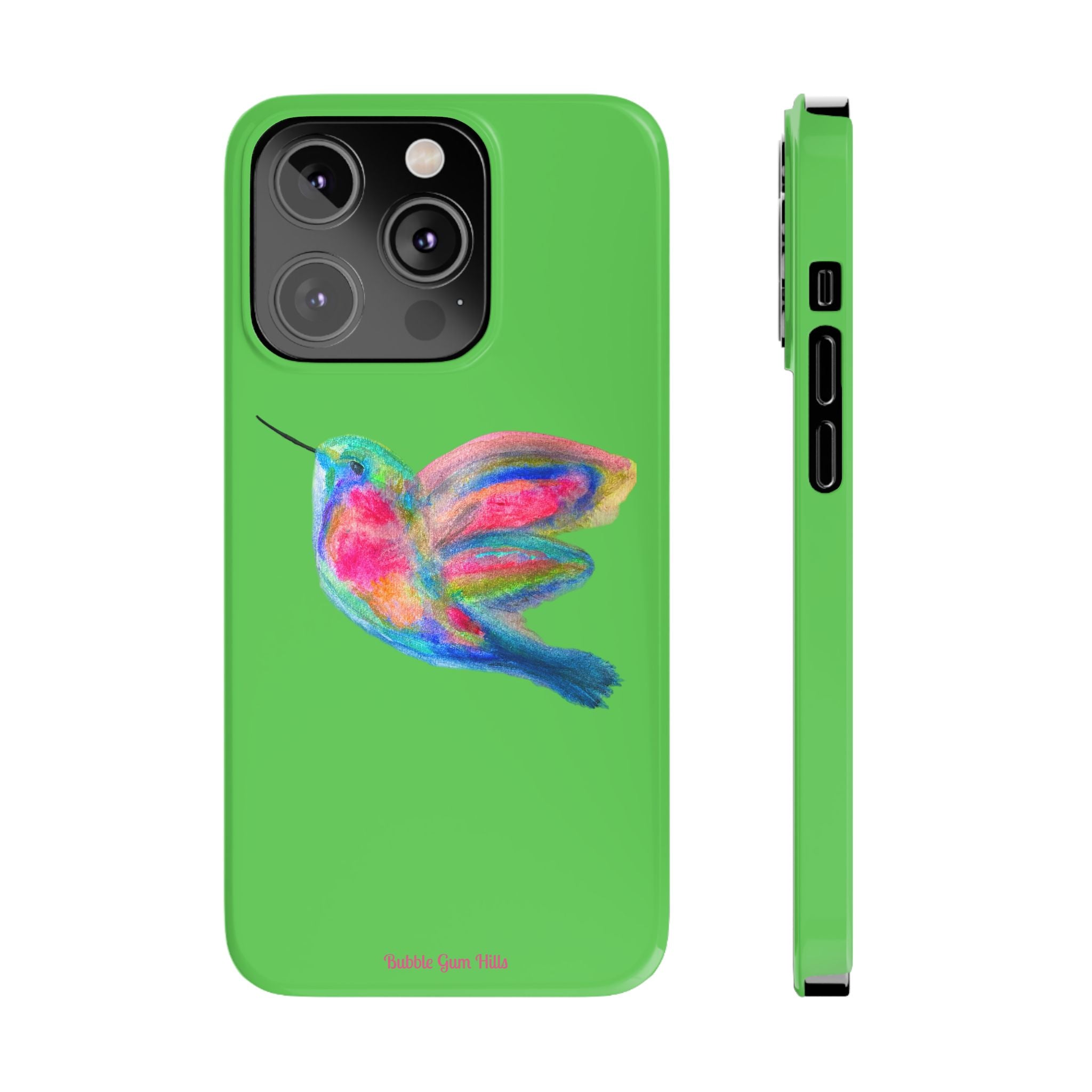 Colorful Hummingbird Slim Phone Case — Bright Green Watercolor Design