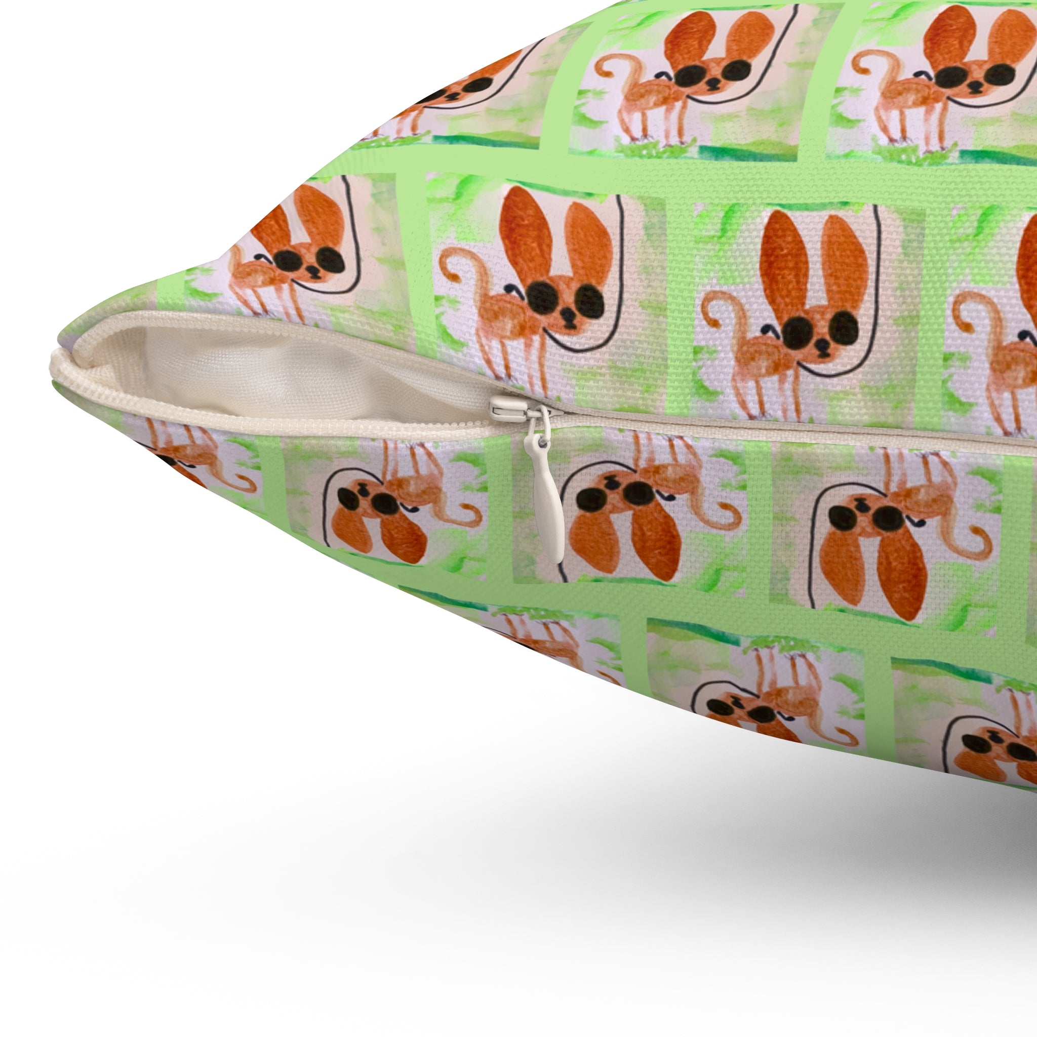 Chihuahua Dog Park Walk Square Pillow — Cute Sassy Pup on Green Background