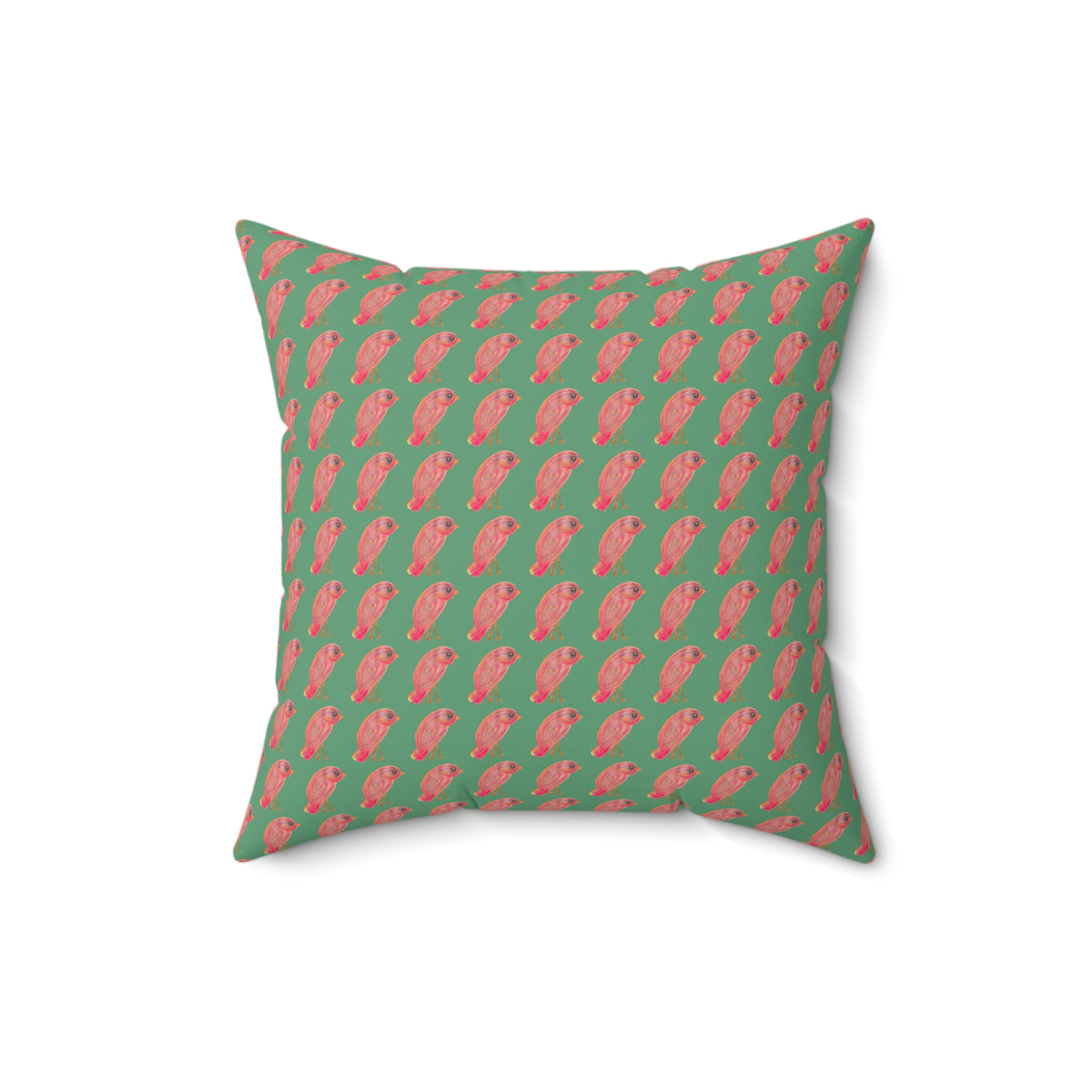 Red, Orange & Pink Birds Pattern with Wild Outdoor Green Background Square Decorative Throw Pillow Perfect for Bird Lovers