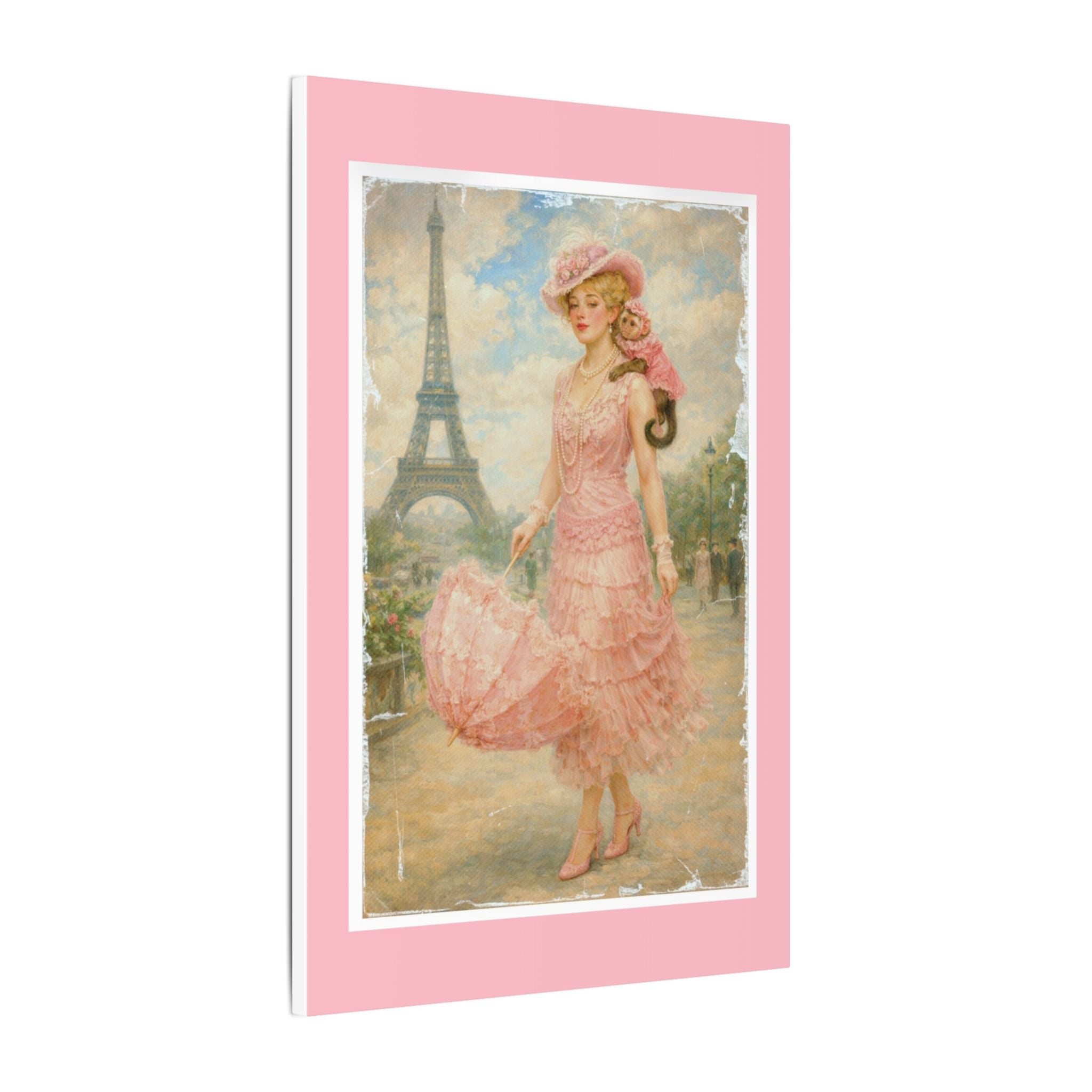 Vintage Parisian Lady & Monkey Canvas Wall Art — Pink Eiffel Poster