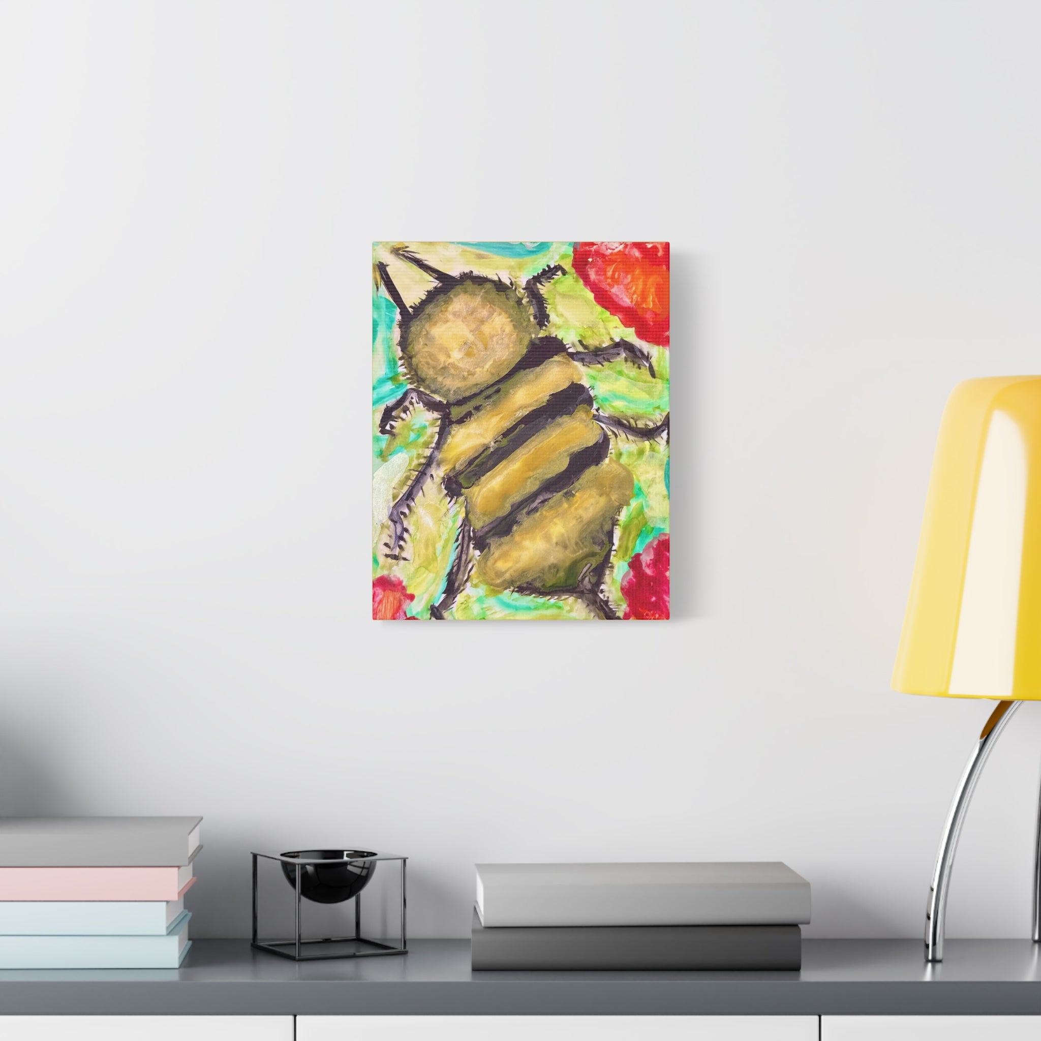 Bee Artwork Canvas Print — Colorful Honeybee Wall Art, Floral Garden Decor