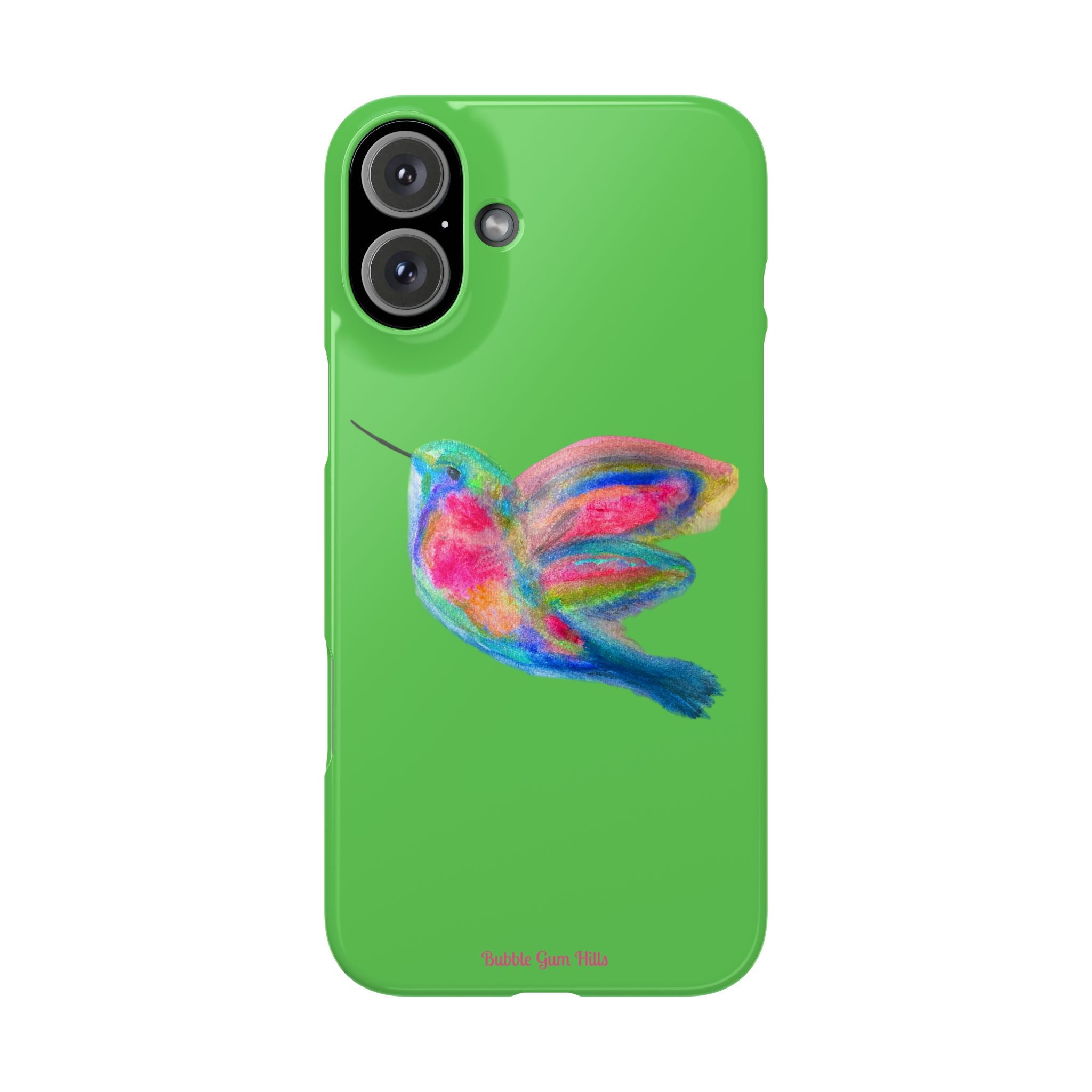 Colorful Hummingbird Slim Phone Case — Bright Green Watercolor Design