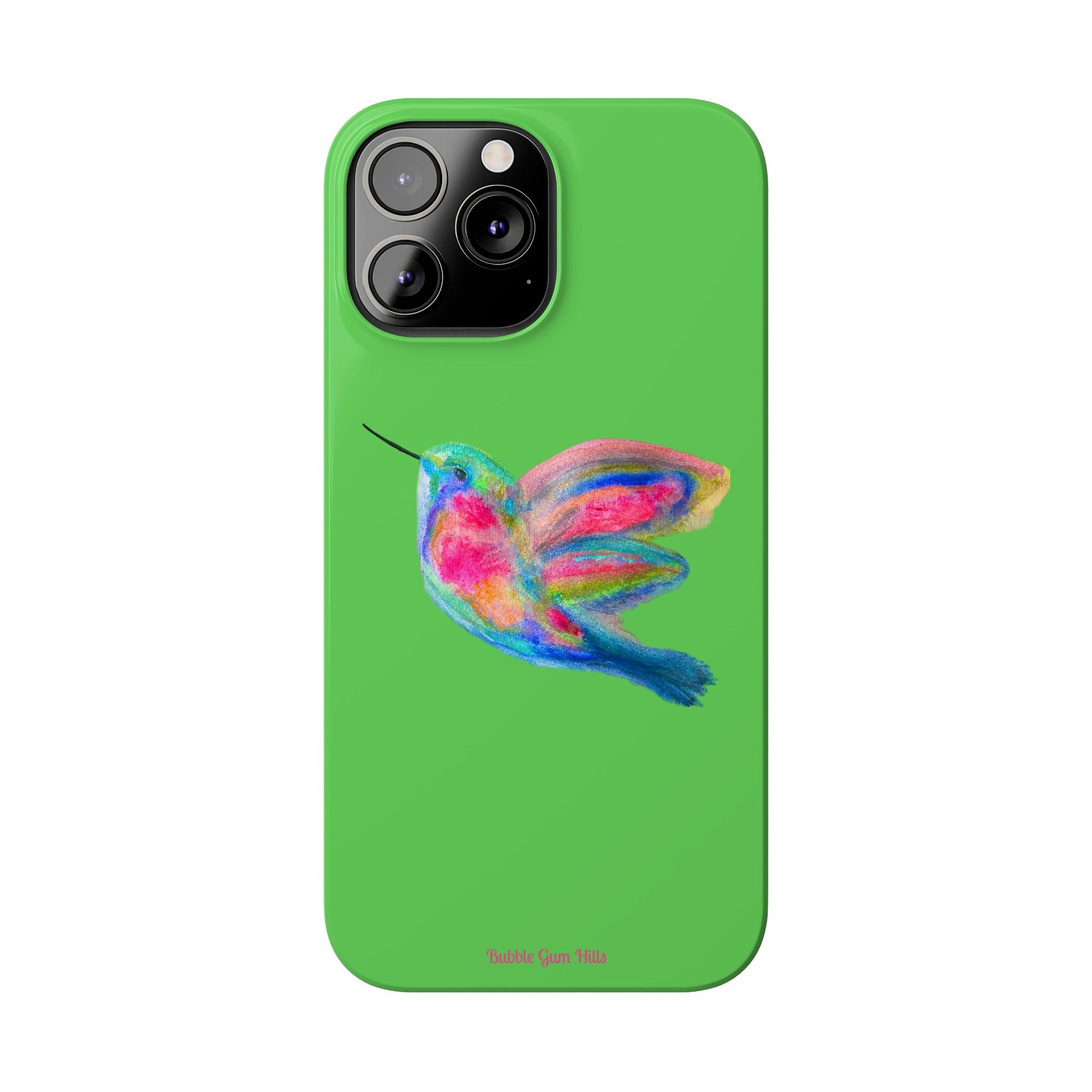 Colorful Hummingbird Slim Phone Case — Bright Green Watercolor Design