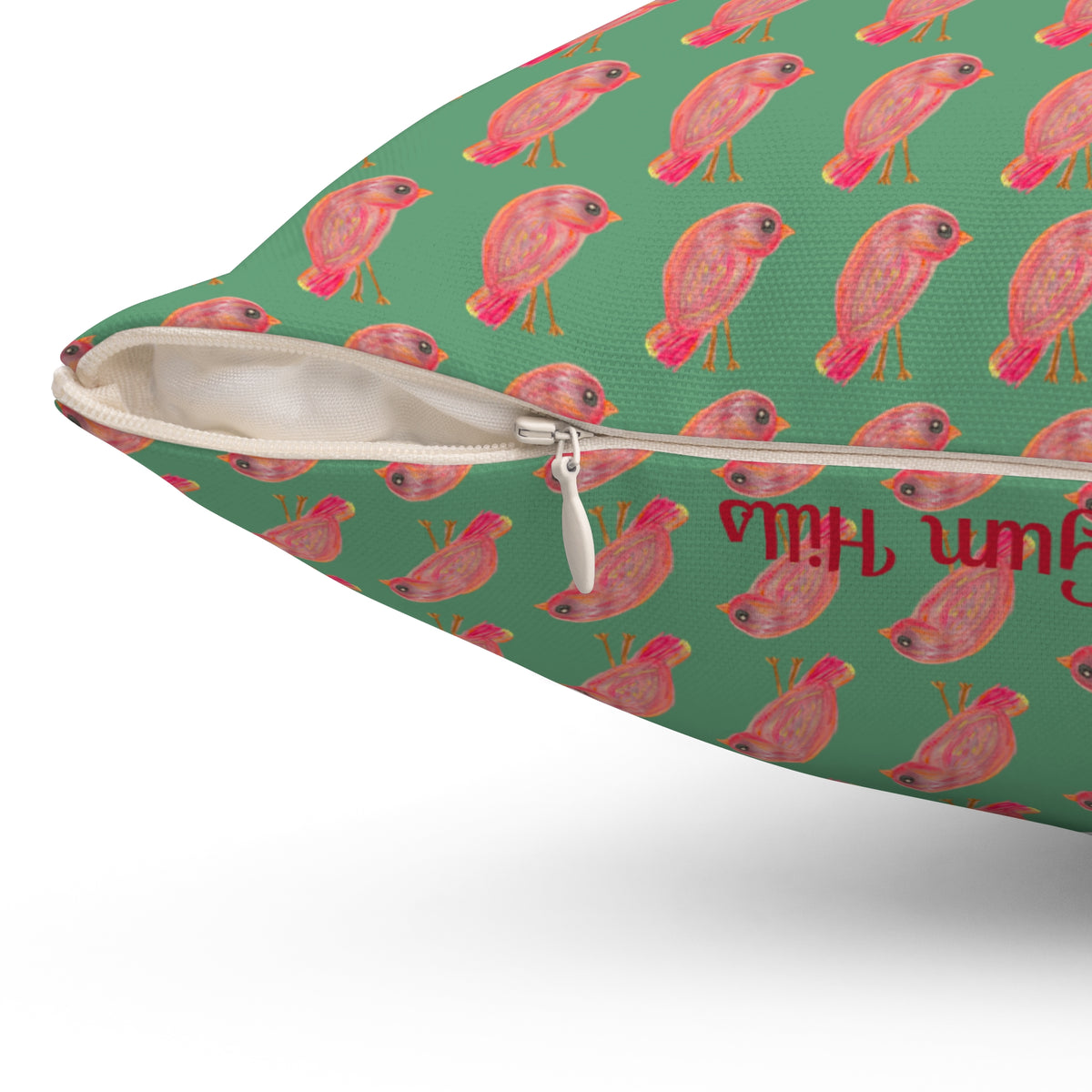 Red, Orange & Pink Birds Pattern with Wild Outdoor Green Background Square Decorative Throw Pillow Perfect for Bird Lovers