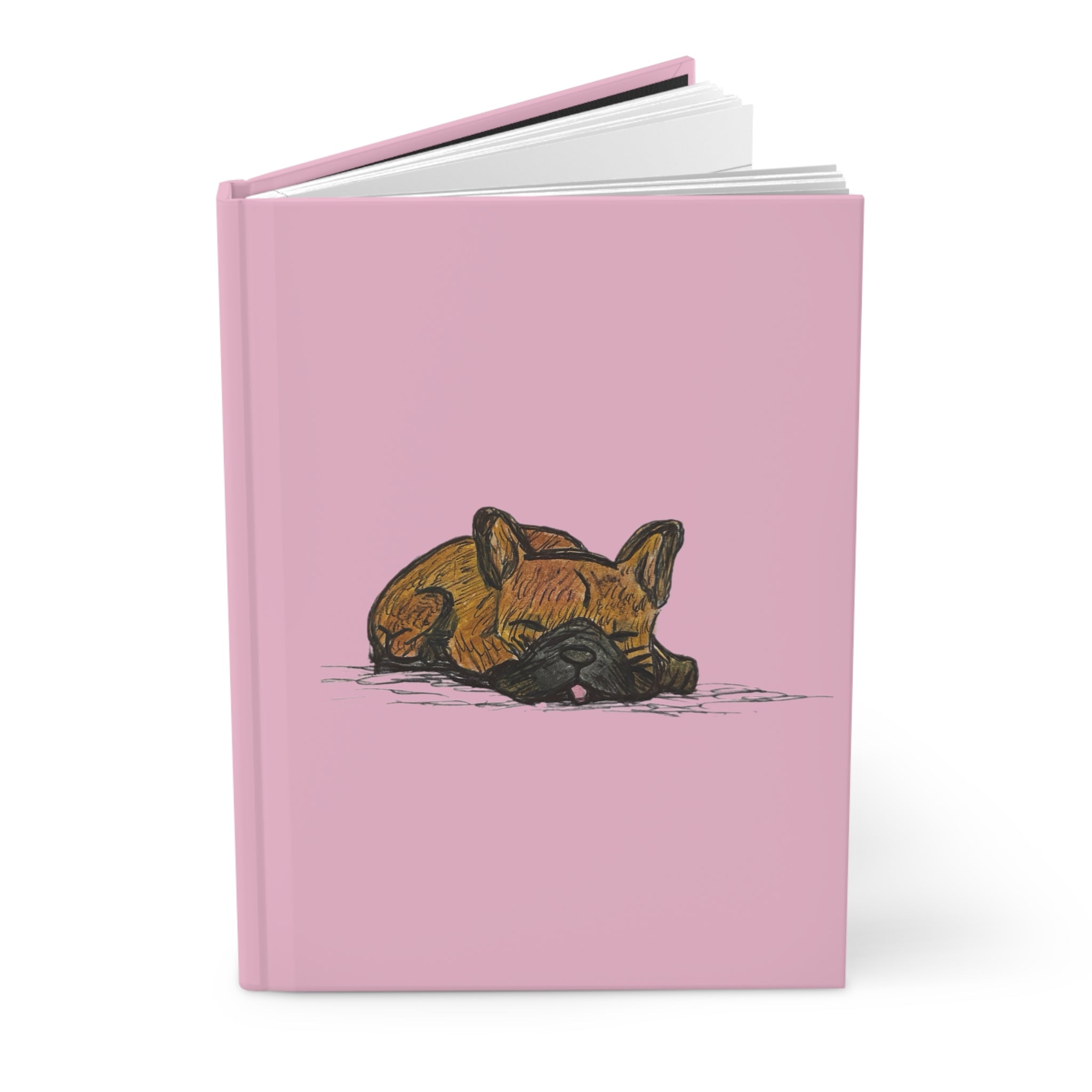 Chocolate French Bulldog Sleeping Journal - Chocolate Blue Gray Back - Light Pink Matte Hardcover 150 Page Lined Flat Notebook