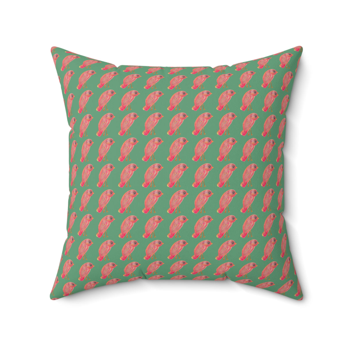 Red, Orange & Pink Birds Pattern with Wild Outdoor Green Background Square Decorative Throw Pillow Perfect for Bird Lovers