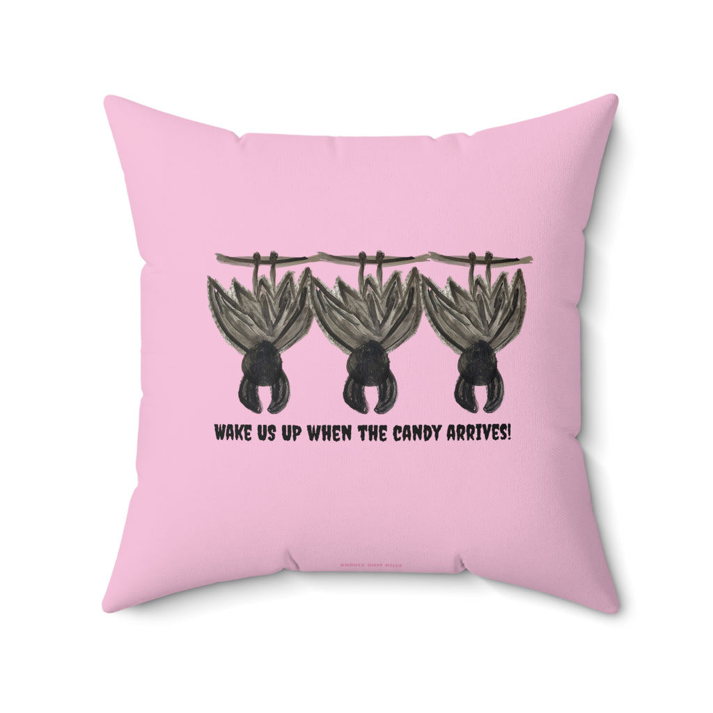 Bats Decorative Pink Halloween Pillow — "Wake Me Up When The Candy Arrives"