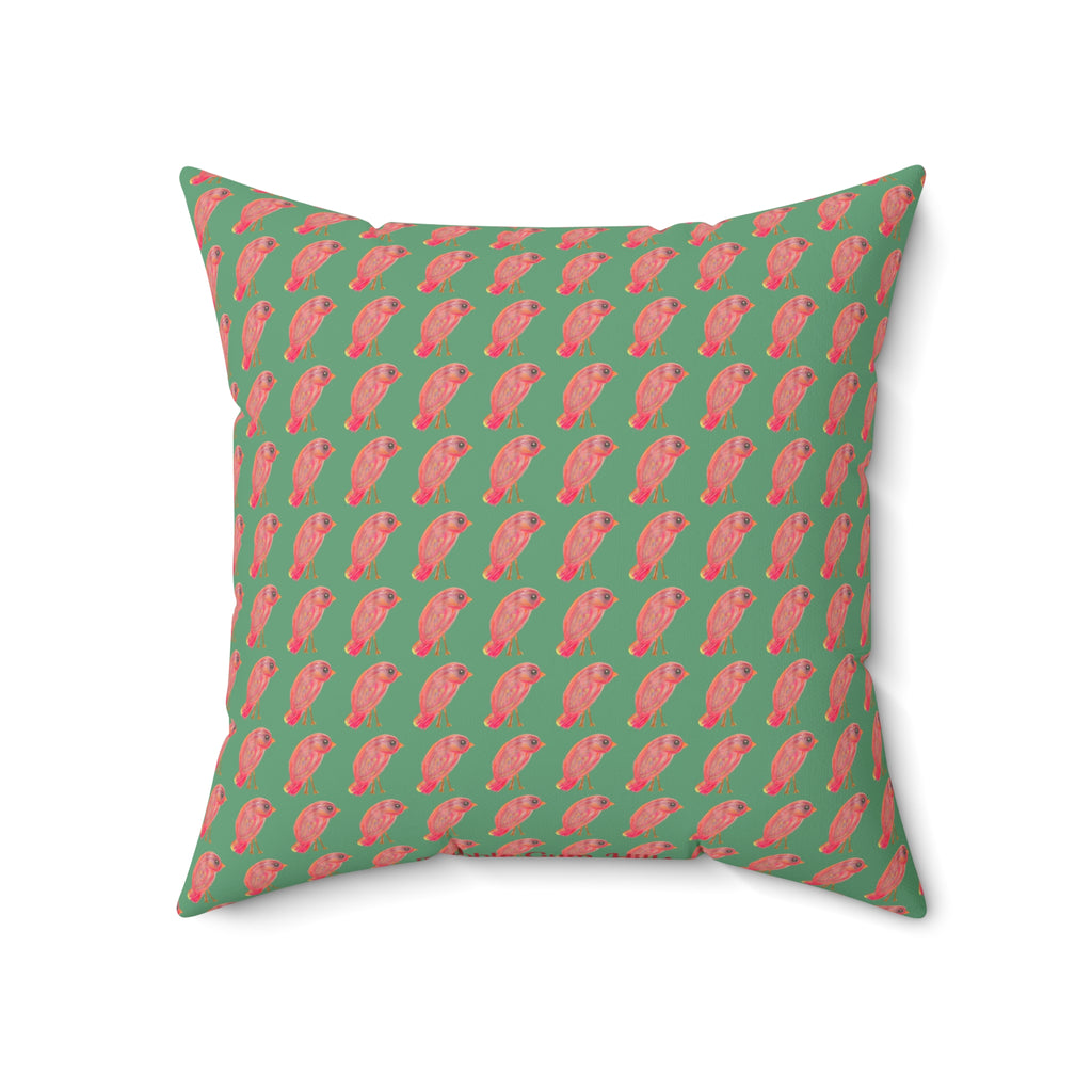 Red, Orange & Pink Birds Pattern with Wild Outdoor Green Background Square Decorative Throw Pillow Perfect for Bird Lovers