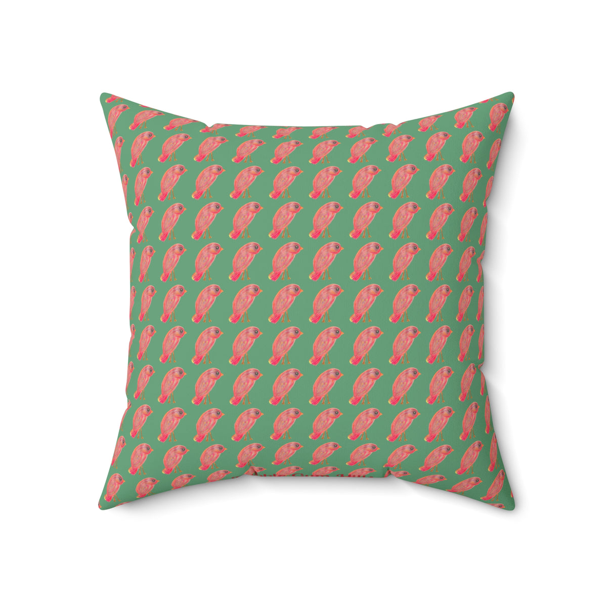 Red, Orange & Pink Birds Pattern with Wild Outdoor Green Background Square Decorative Throw Pillow Perfect for Bird Lovers