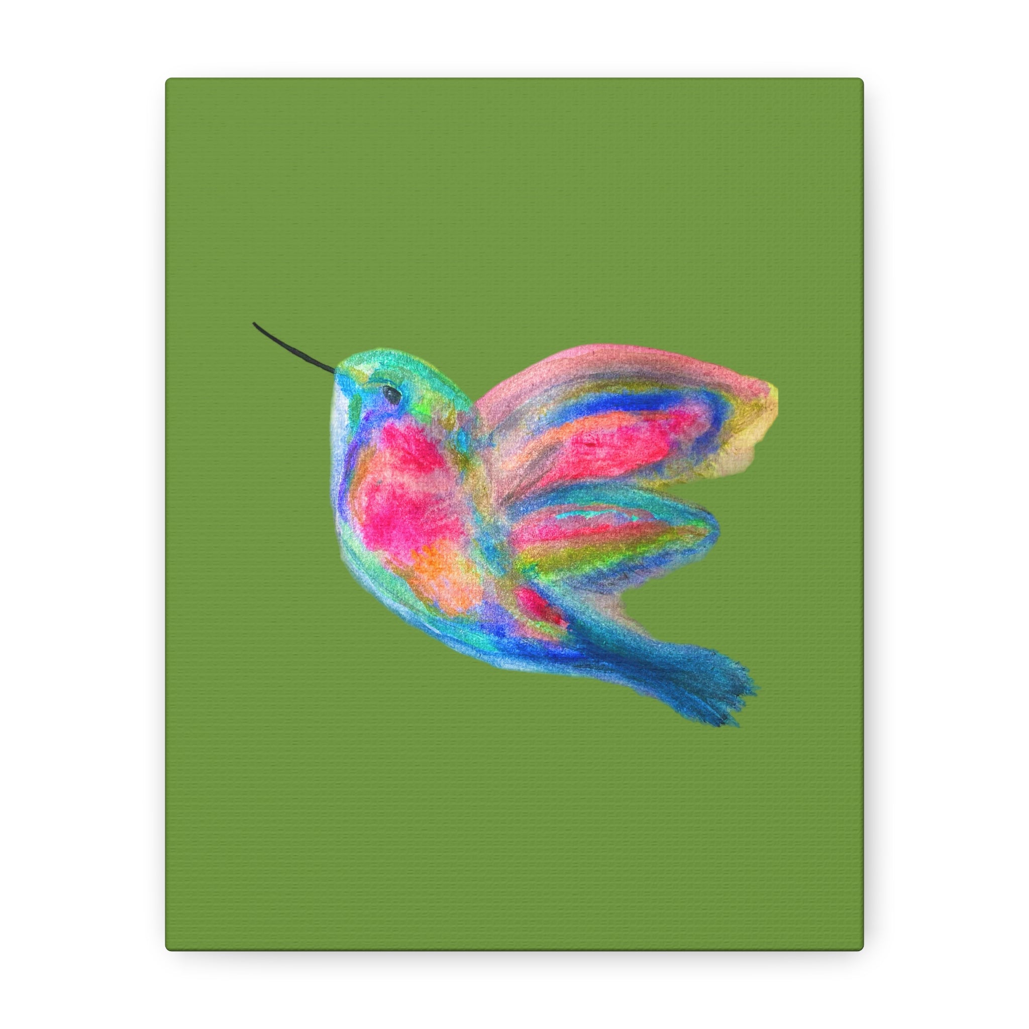 Canvas Wall Art — Colorful Hummingbird Painting on Green Matte Stretched Canvas