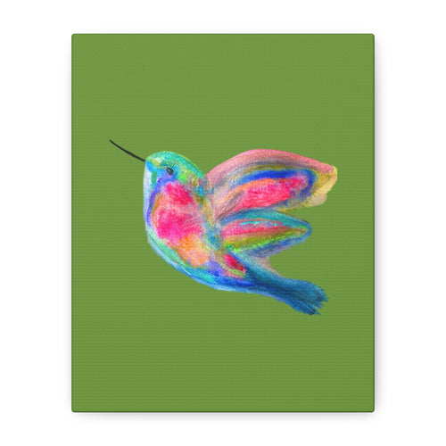 Canvas Wall Art — Colorful Hummingbird Painting on Green Matte Stretched Canvas