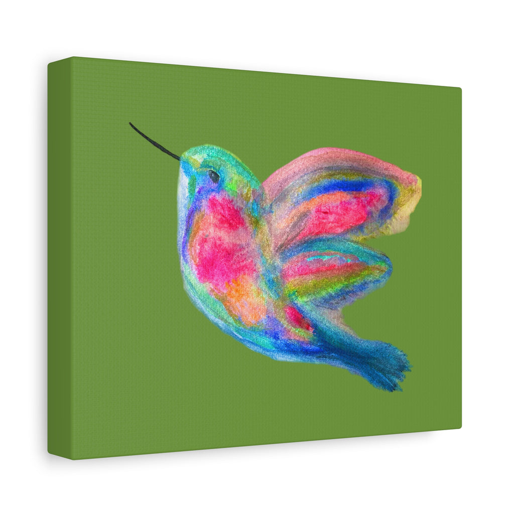 Canvas Wall Art — Colorful Hummingbird Painting on Green Matte Stretched Canvas