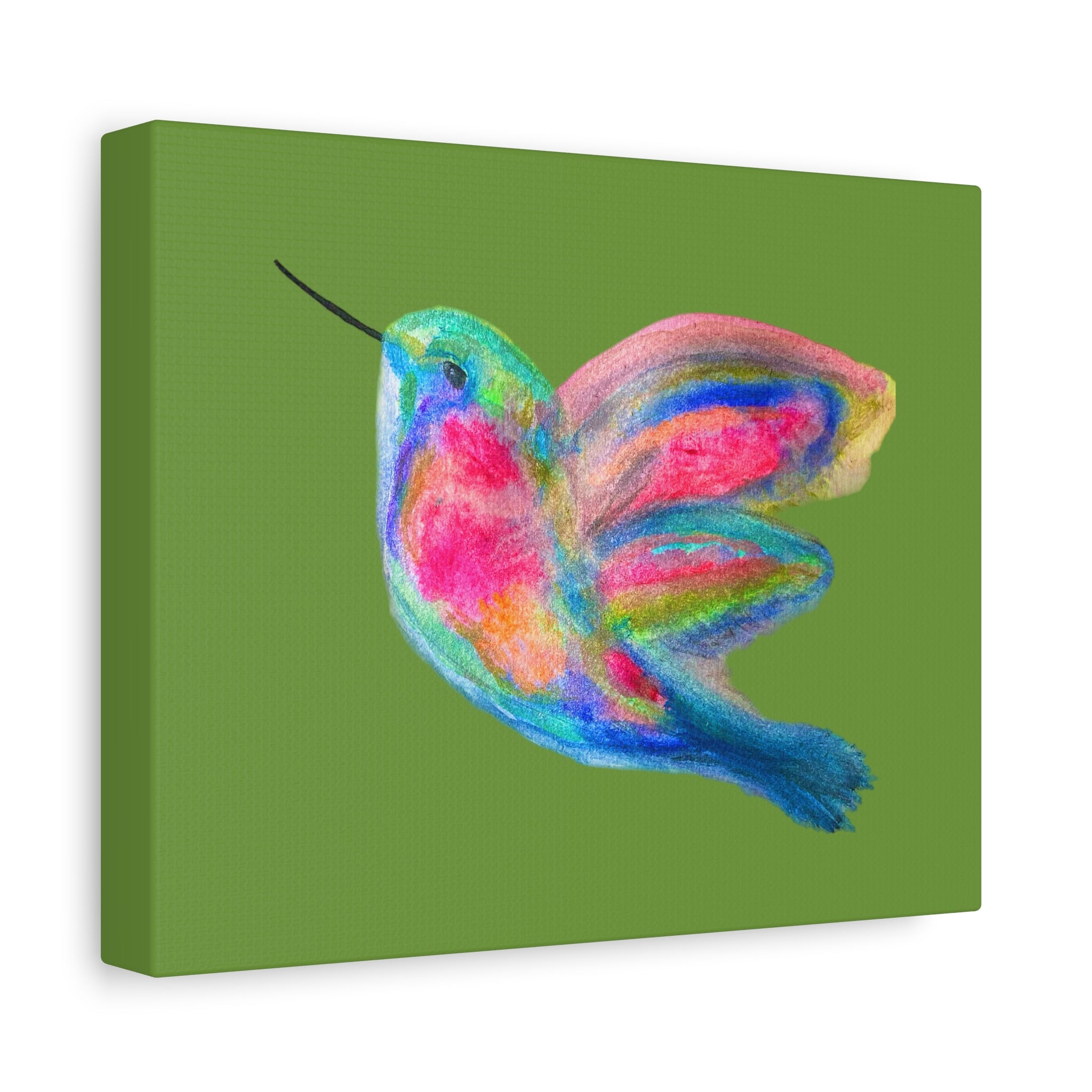 Canvas Wall Art — Colorful Hummingbird Painting on Green Matte Stretched Canvas