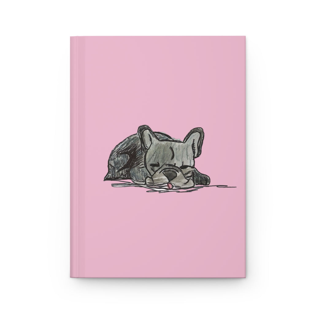 The Frenchies- Blue Gray French Bulldog Sleeping Journal - Chocolate Blue Gray Back - Light Pink Matte Hardcover 150 Page Lined Flat Notebook