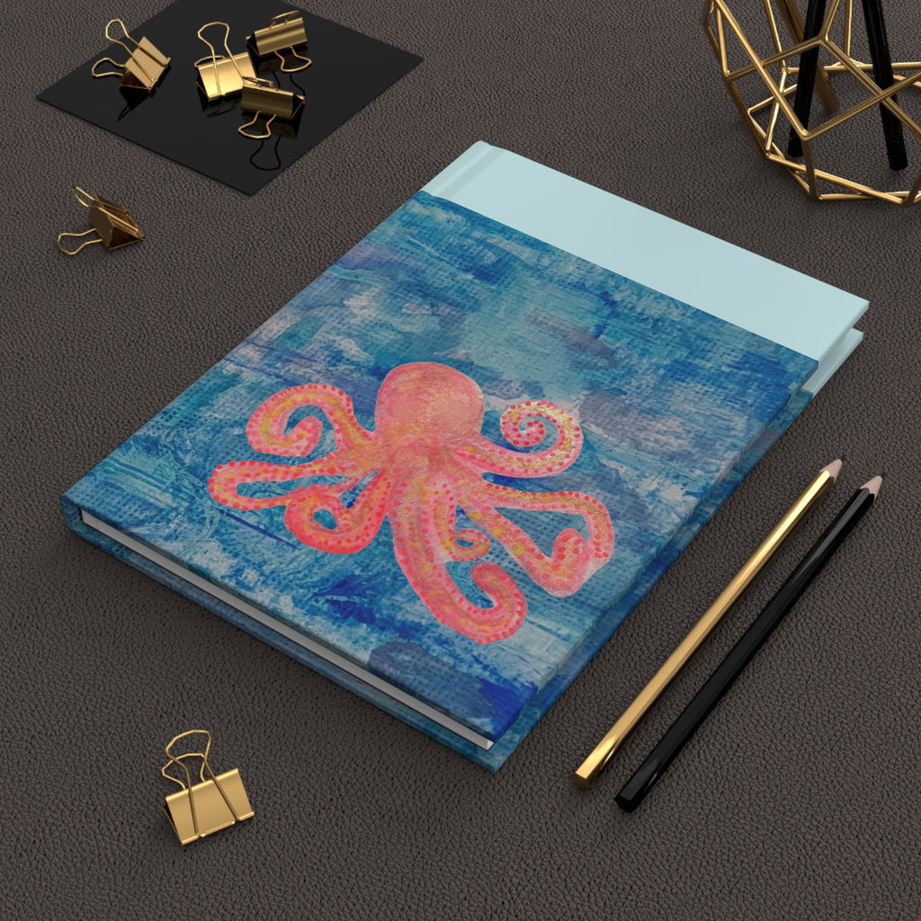 Octopus Softcover Journal — Pink Octopus on Blue Ocean Art Notebook - Lined 150 Pages