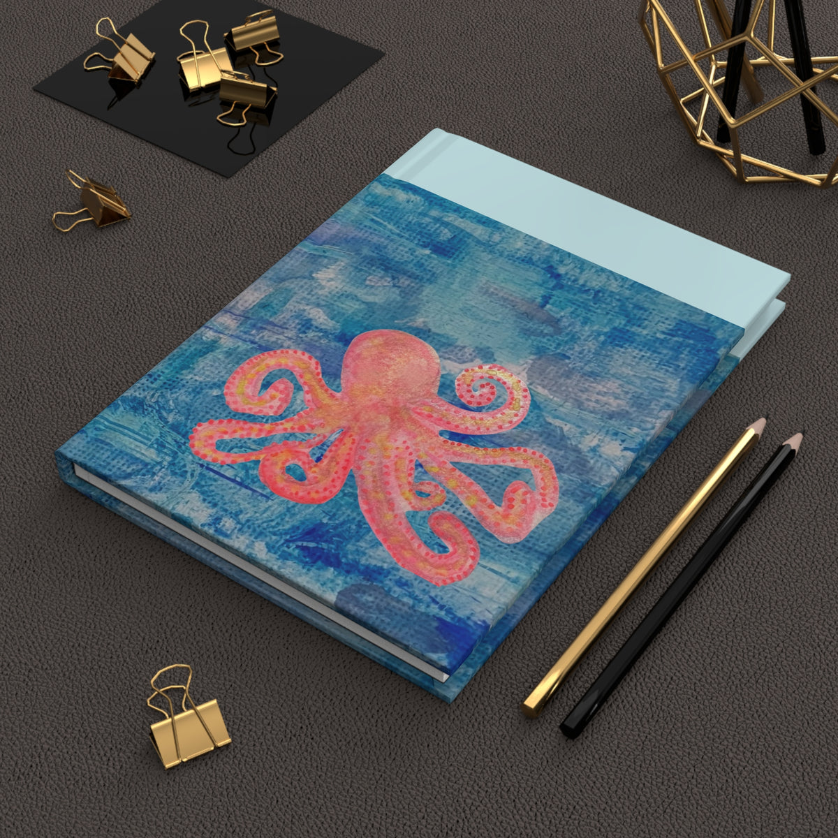 Octopus Softcover Journal — Pink Octopus on Blue Ocean Art Notebook - Lined 150 Pages