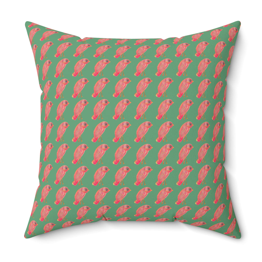 Red, Orange & Pink Birds Pattern with Wild Outdoor Green Background Square Decorative Throw Pillow Perfect for Bird Lovers