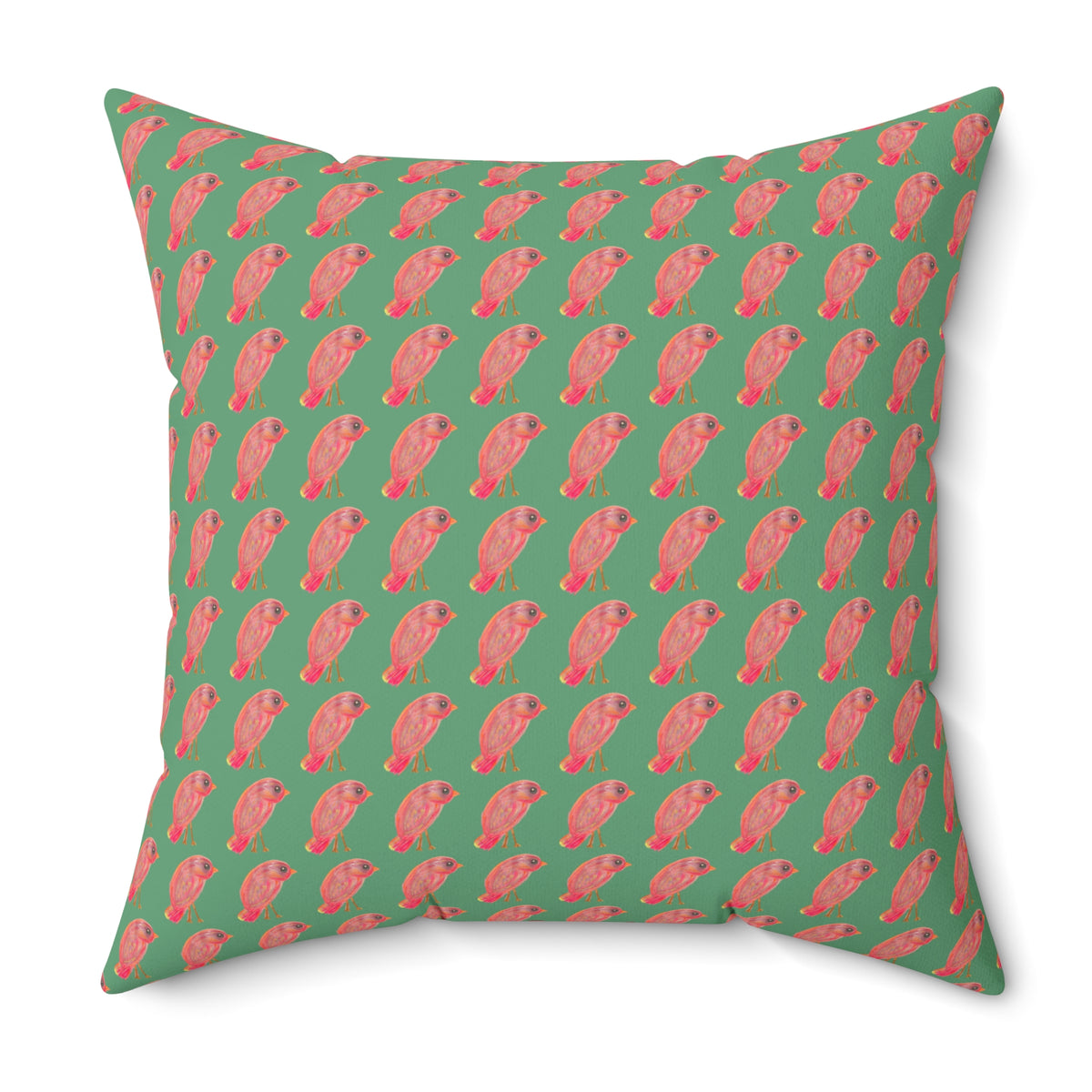 Red, Orange & Pink Birds Pattern with Wild Outdoor Green Background Square Decorative Throw Pillow Perfect for Bird Lovers