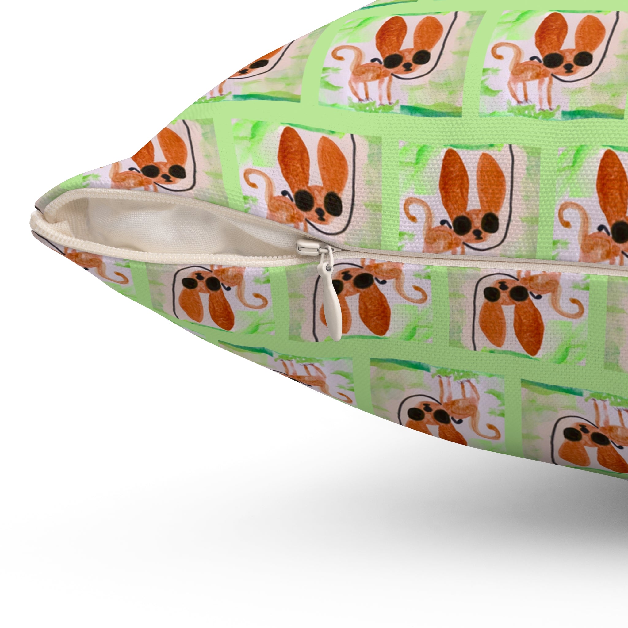 Chihuahua Dog Park Walk Square Pillow — Cute Sassy Pup on Green Background