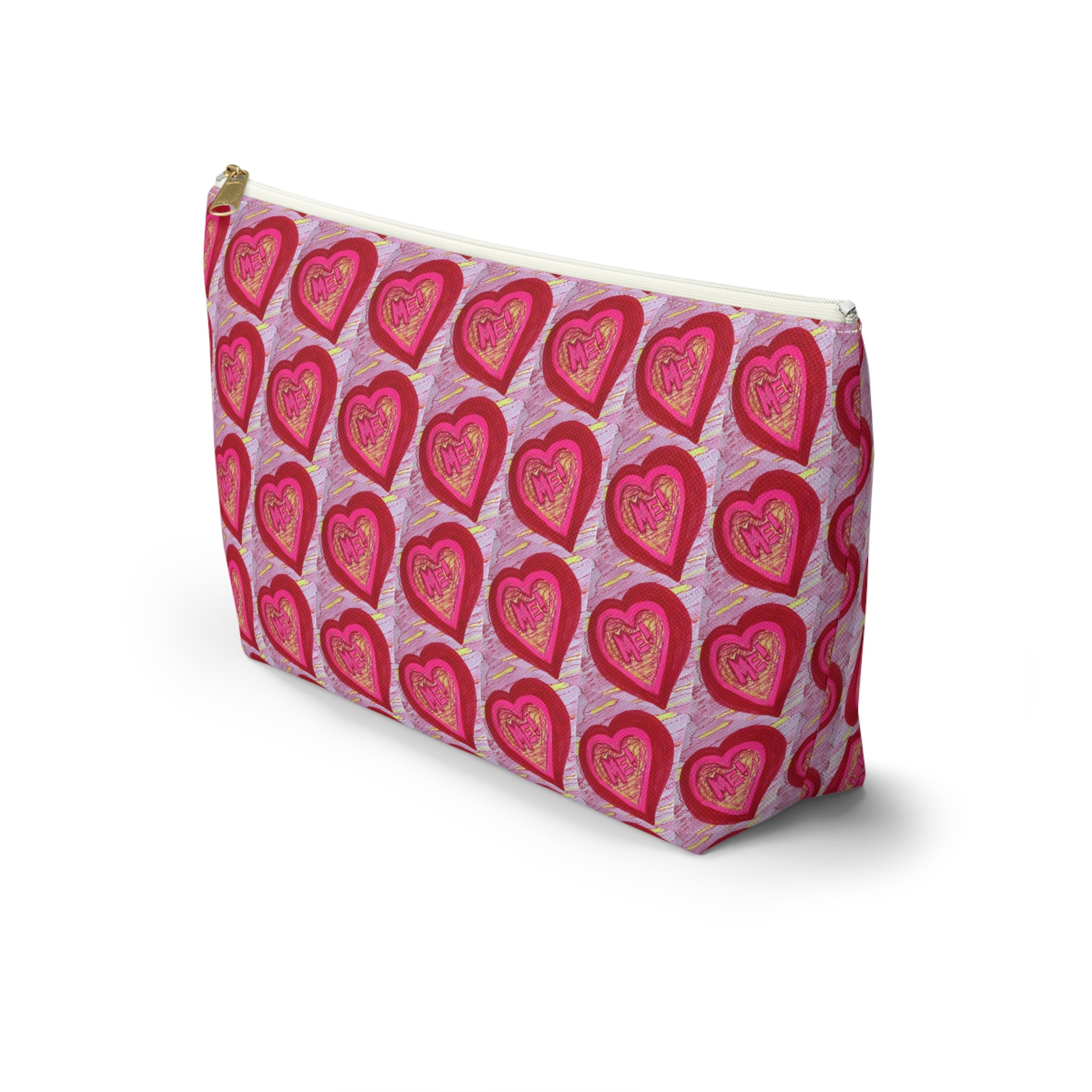 A rectangular zippered pouch with a repeating pattern of red and pink hearts on a light purple background, featuring a gold-tone zipper. Travel bag, makeup bag, art bag