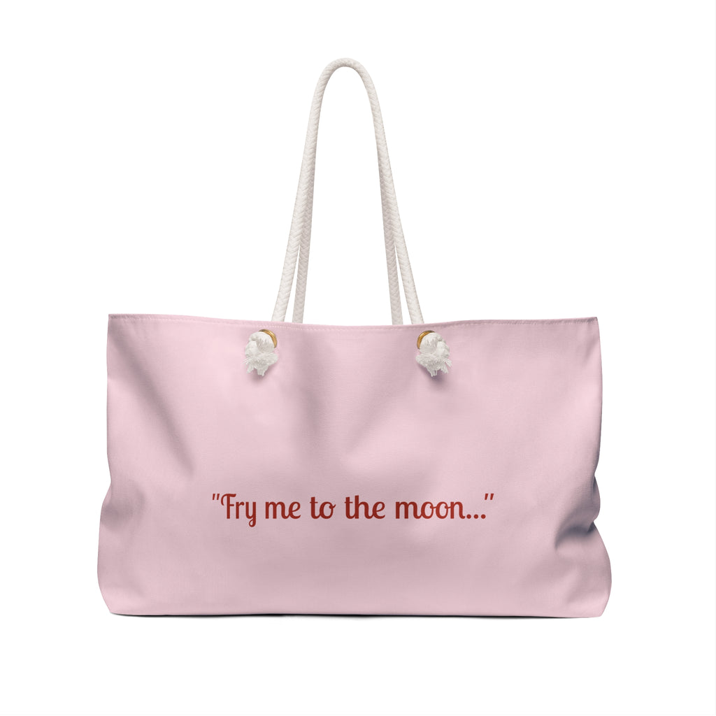 Dusky-pink weekender tote bag featuring a cute pop art illustration of a French fry carton with thick cream cotton rope handles. Hot girl gift Best friend gift