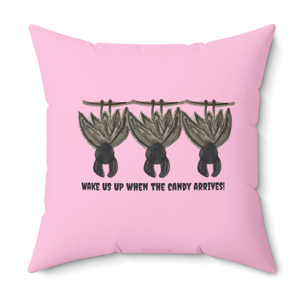 Cute pink bat pillow with hand-drawn hanging bat illustration, pastel gothic Halloween home decor. with 