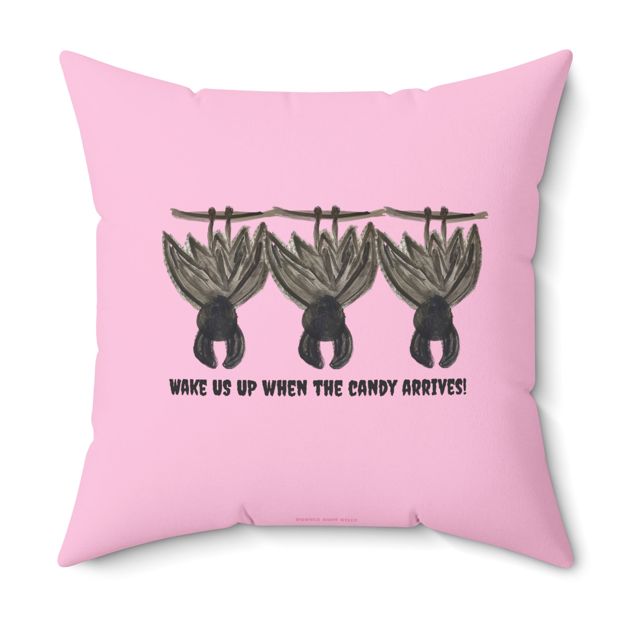 Cute pink bat pillow with hand-drawn hanging bat illustration, pastel gothic Halloween home decor. with 