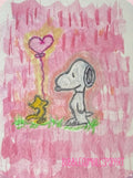 Cartoon dog and woodstock with a heart balloon on a pink background, featuring 'Bubblegum Hills Pop Art' branding.