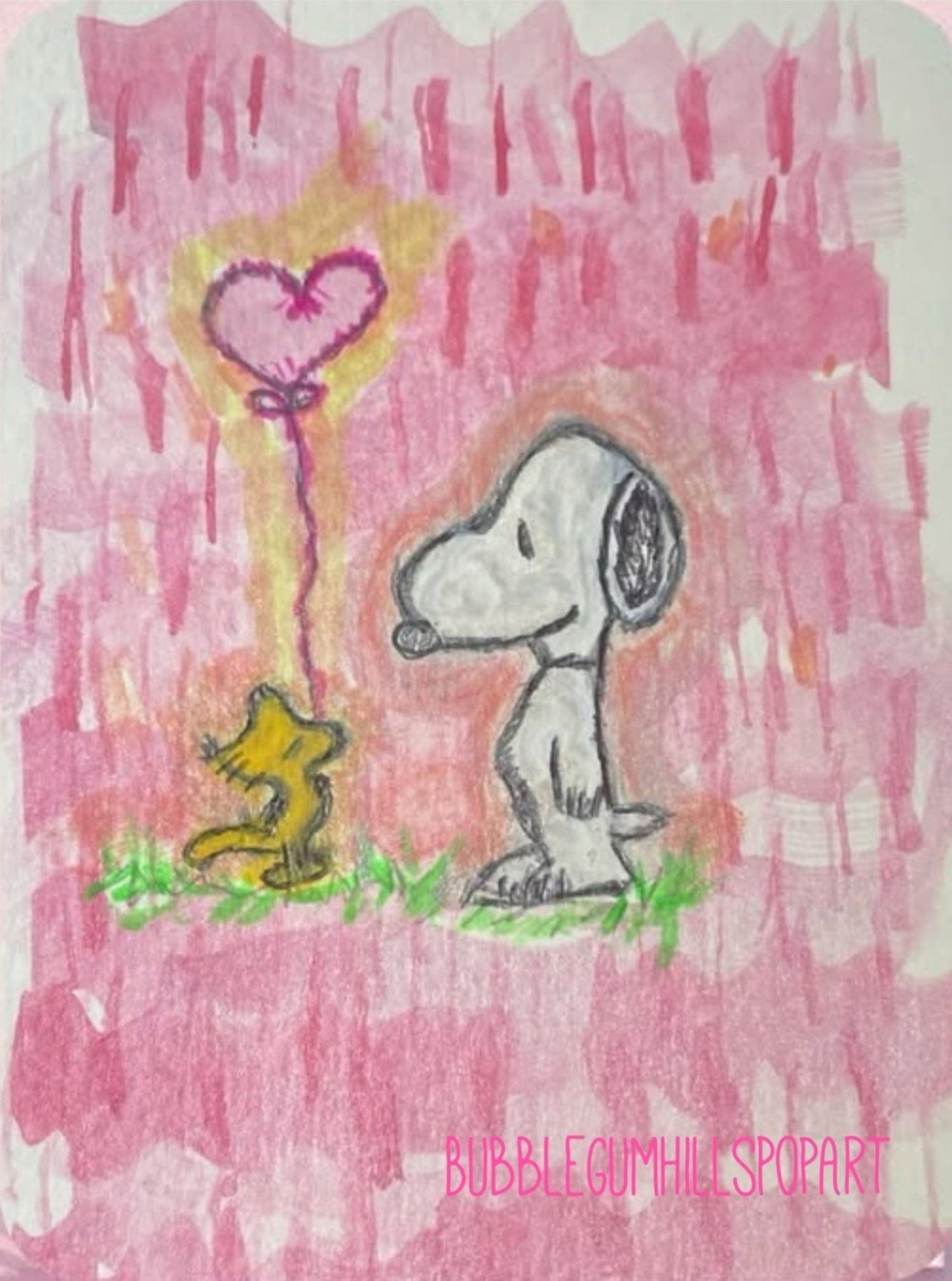 Cartoon dog and woodstock with a heart balloon on a pink background, featuring 'Bubblegum Hills Pop Art' branding.