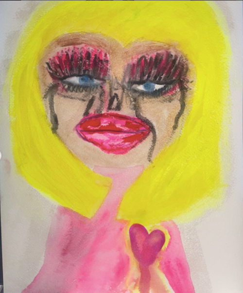 Colorful drawing of a face with bright yellow hair and pink clothing on a white background
