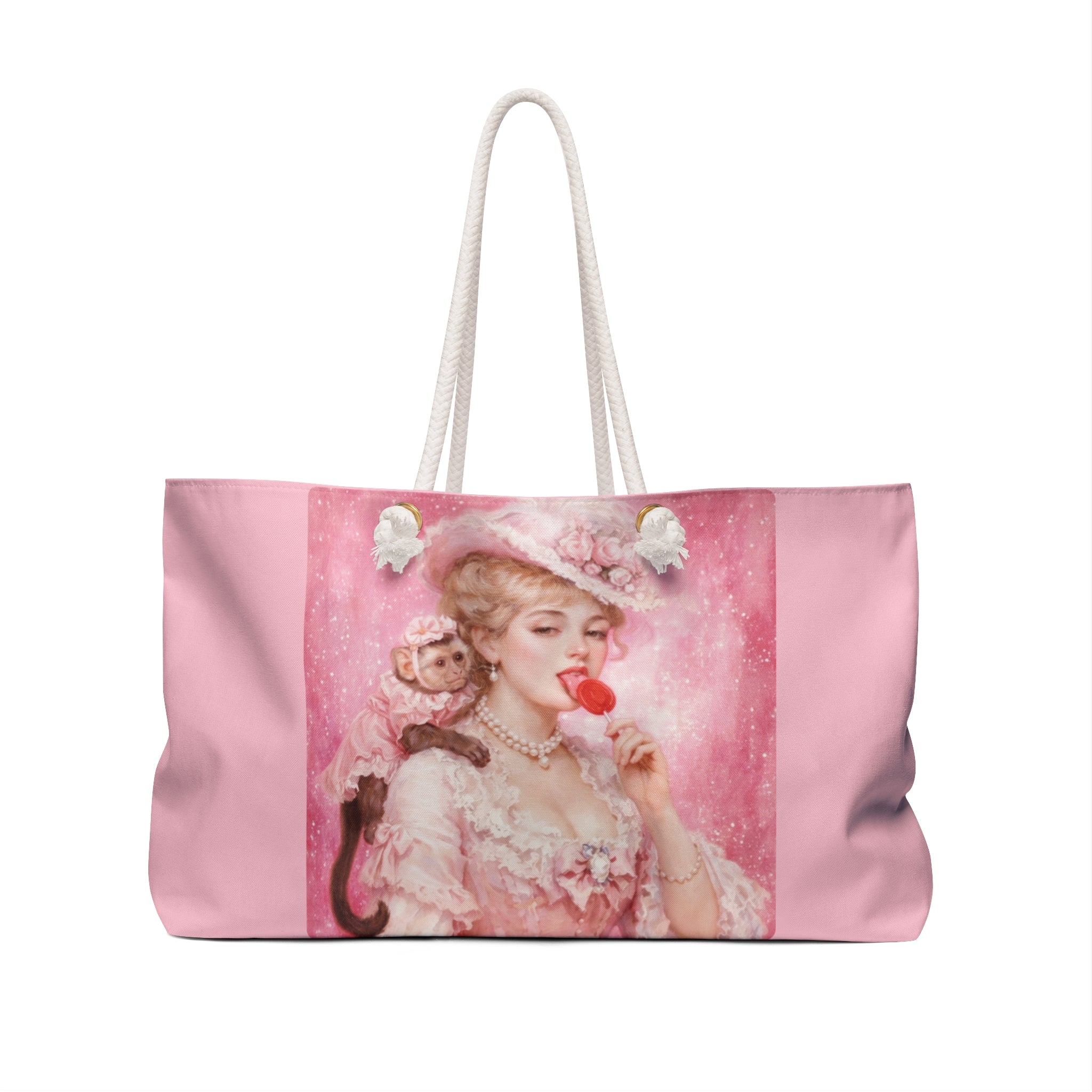 Blush pink weekender tote bag featuring a vintage pastel illustration of a Parisian lady with a pet monkey and thick cotton rope handles.